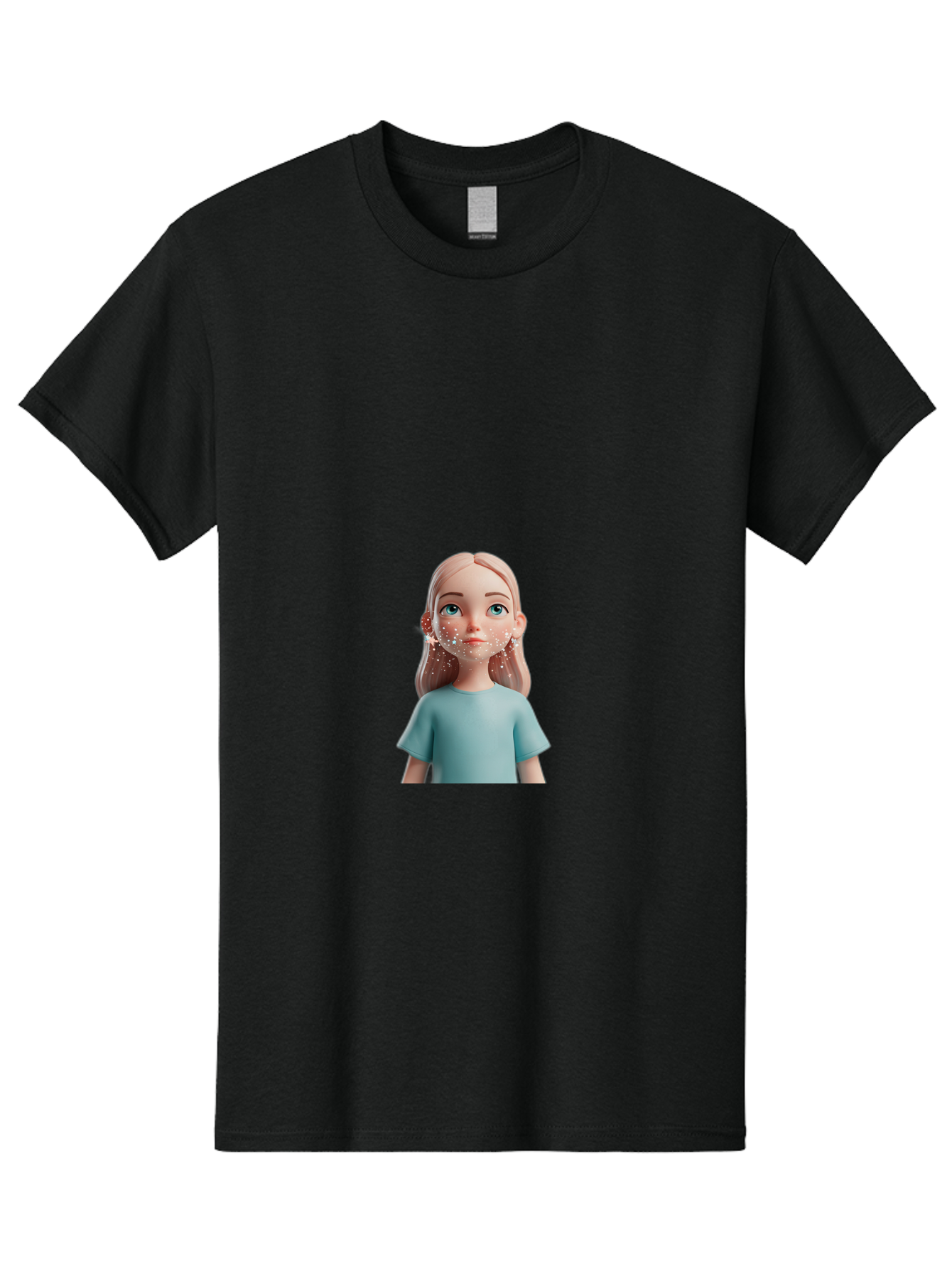 Blonde-Girl Men'S Graphic Tee, 100% Cotton, Comfortable Casual Summer Wear, Machine Washable, Cartoon Girl, 3D Character, Blue Eyes, Pink Hair, Light Blue Shirt, Freckles, Cute Expression, Pink Cheeks, Digital Art, Virtual Avatar Bac636