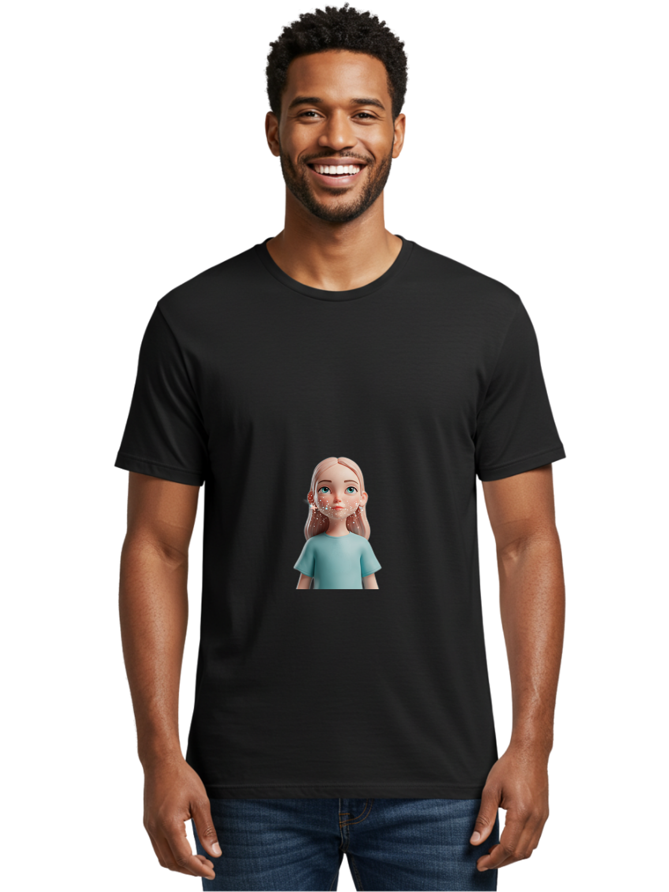 Blonde-Girl Men'S Graphic Tee, 100% Cotton, Comfortable Casual Summer Wear, Machine Washable, Cartoon Girl, 3D Character, Blue Eyes, Pink Hair, Light Blue Shirt, Freckles, Cute Expression, Pink Cheeks, Digital Art, Virtual Avatar Bac636