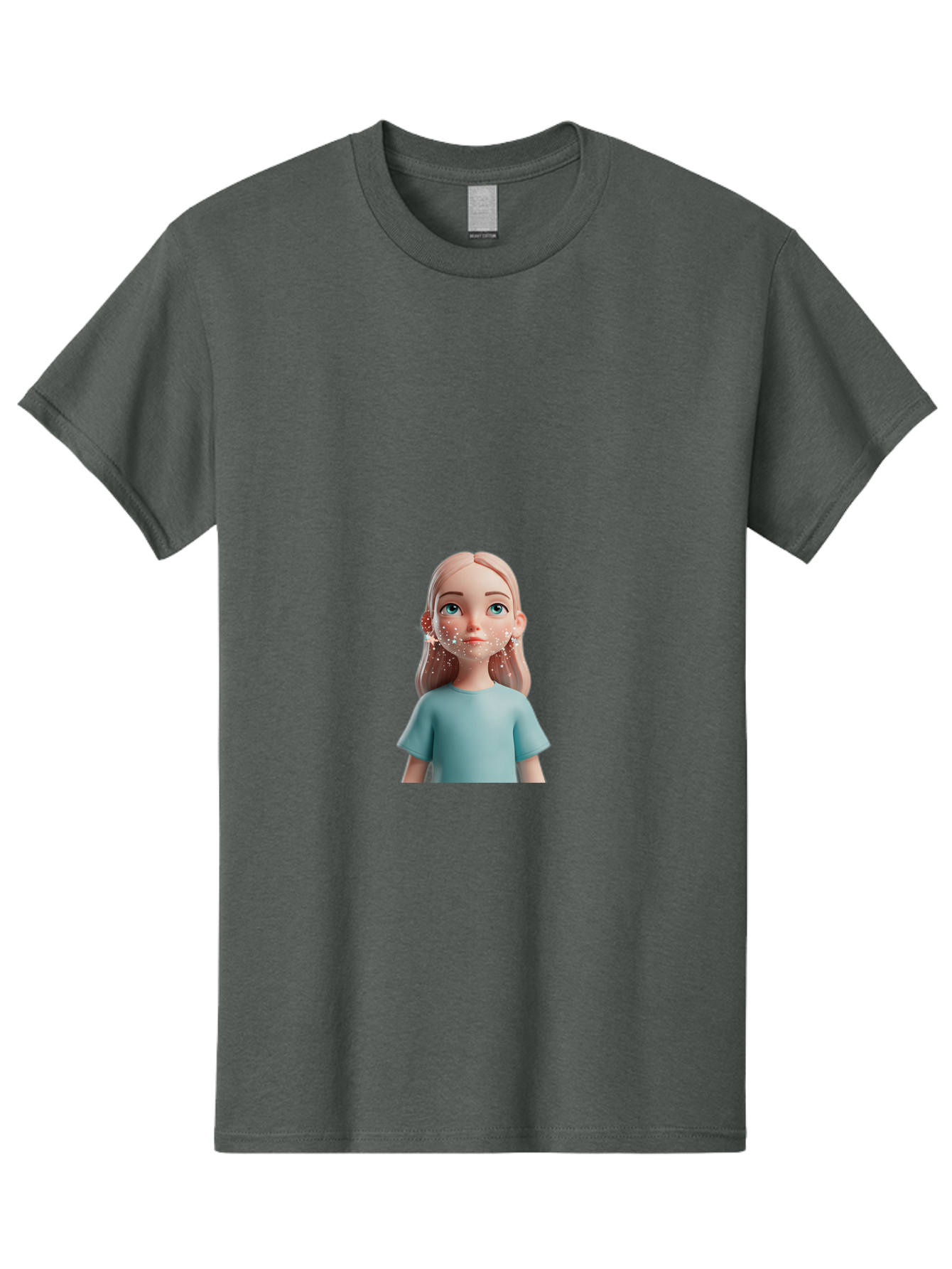 Blonde-Girl Men'S Graphic Tee, 100% Cotton, Comfortable Casual Summer Wear, Machine Washable, Cartoon Girl, 3D Character, Blue Eyes, Pink Hair, Light Blue Shirt, Freckles, Cute Expression, Pink Cheeks, Digital Art, Virtual Avatar Bac636