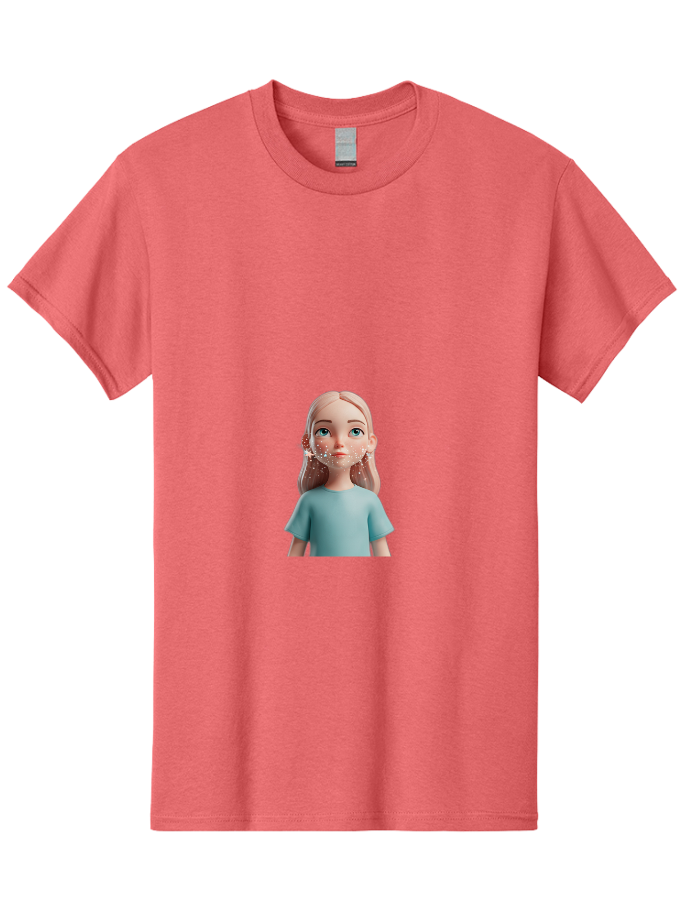 Blonde-Girl Men'S Graphic Tee, 100% Cotton, Comfortable Casual Summer Wear, Machine Washable, Cartoon Girl, 3D Character, Blue Eyes, Pink Hair, Light Blue Shirt, Freckles, Cute Expression, Pink Cheeks, Digital Art, Virtual Avatar Bac636
