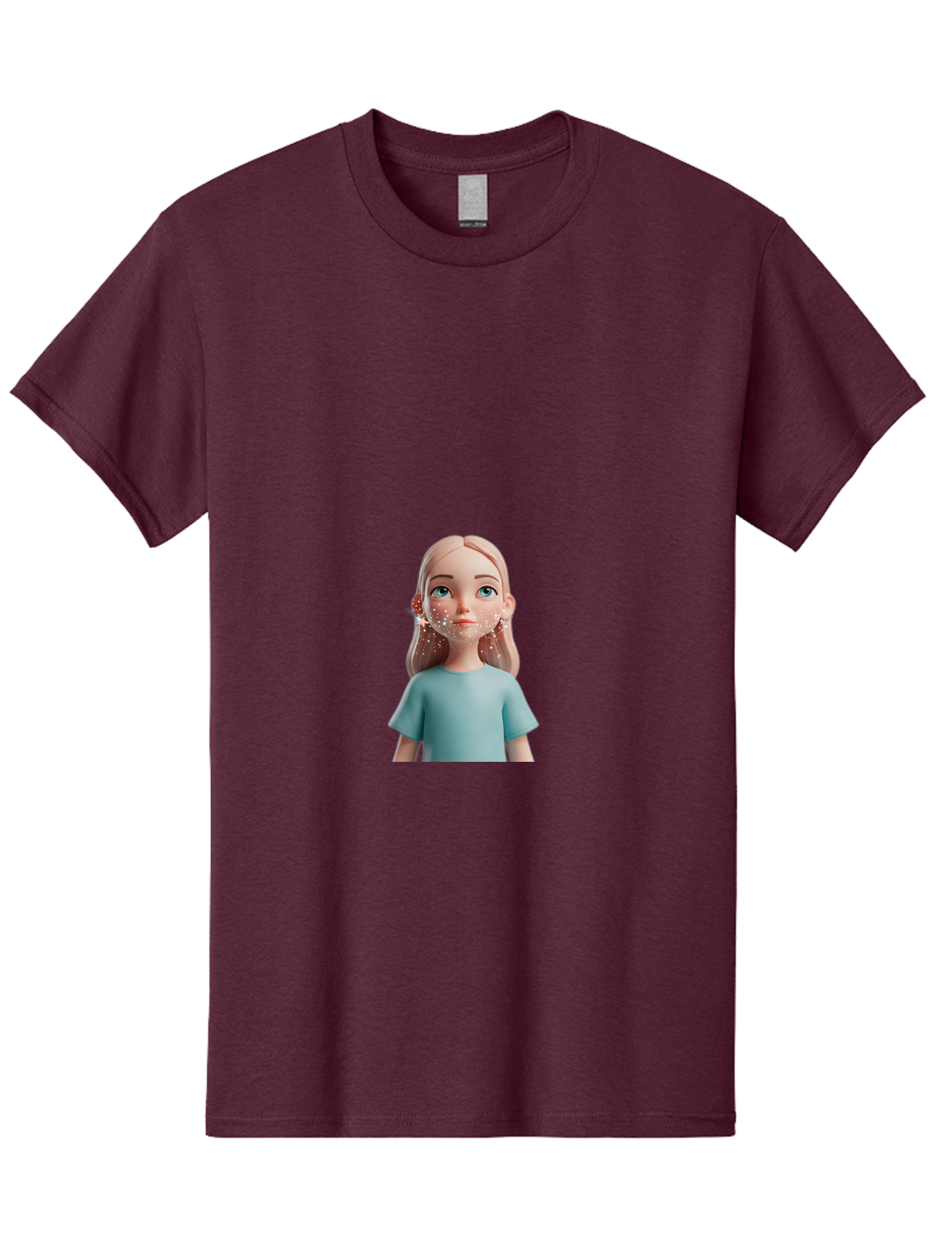Blonde-Girl Men'S Graphic Tee, 100% Cotton, Comfortable Casual Summer Wear, Machine Washable, Cartoon Girl, 3D Character, Blue Eyes, Pink Hair, Light Blue Shirt, Freckles, Cute Expression, Pink Cheeks, Digital Art, Virtual Avatar Bac636