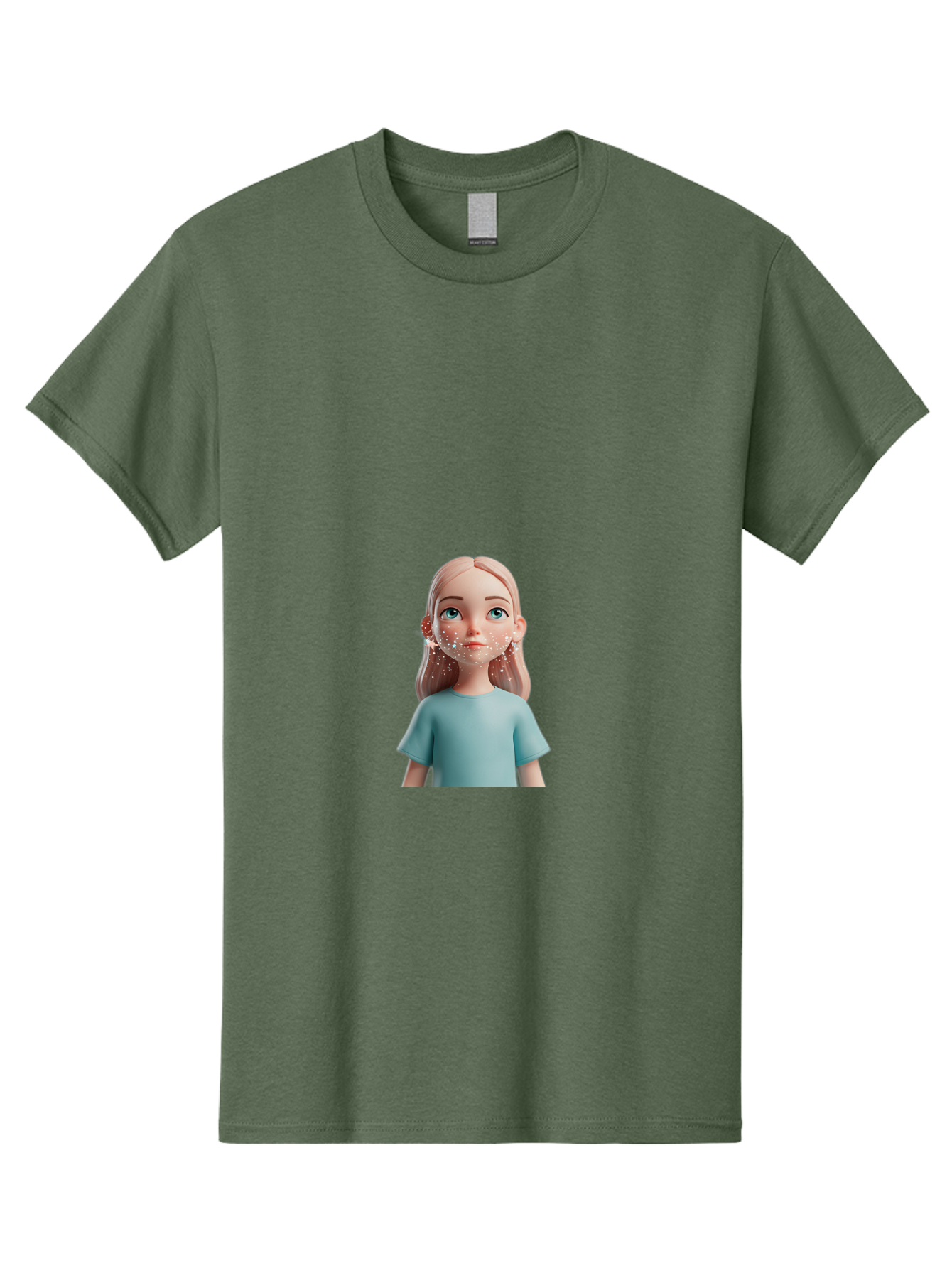 Blonde-Girl Men'S Graphic Tee, 100% Cotton, Comfortable Casual Summer Wear, Machine Washable, Cartoon Girl, 3D Character, Blue Eyes, Pink Hair, Light Blue Shirt, Freckles, Cute Expression, Pink Cheeks, Digital Art, Virtual Avatar Bac636