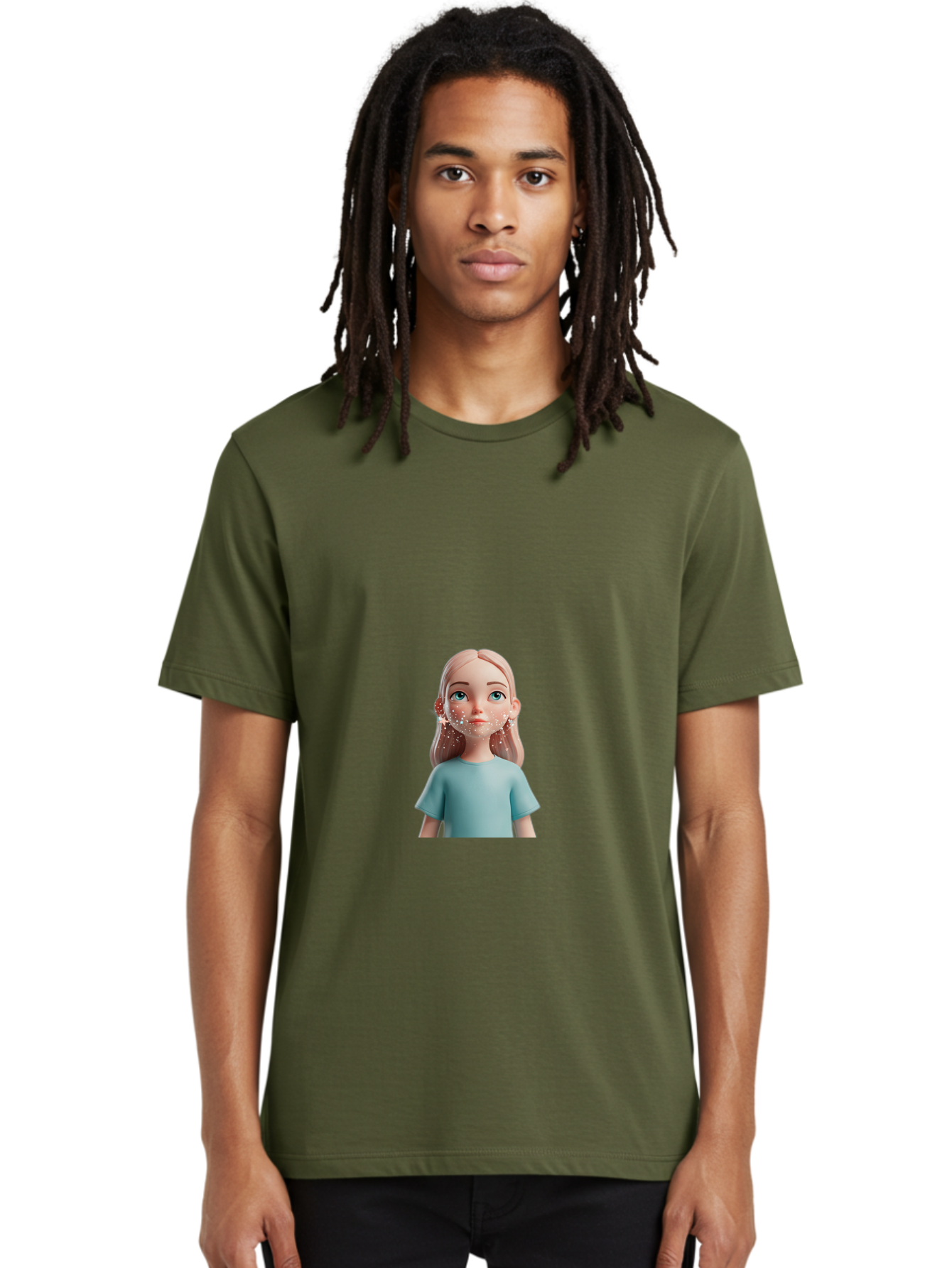 Blonde-Girl Men'S Graphic Tee, 100% Cotton, Comfortable Casual Summer Wear, Machine Washable, Cartoon Girl, 3D Character, Blue Eyes, Pink Hair, Light Blue Shirt, Freckles, Cute Expression, Pink Cheeks, Digital Art, Virtual Avatar Bac636