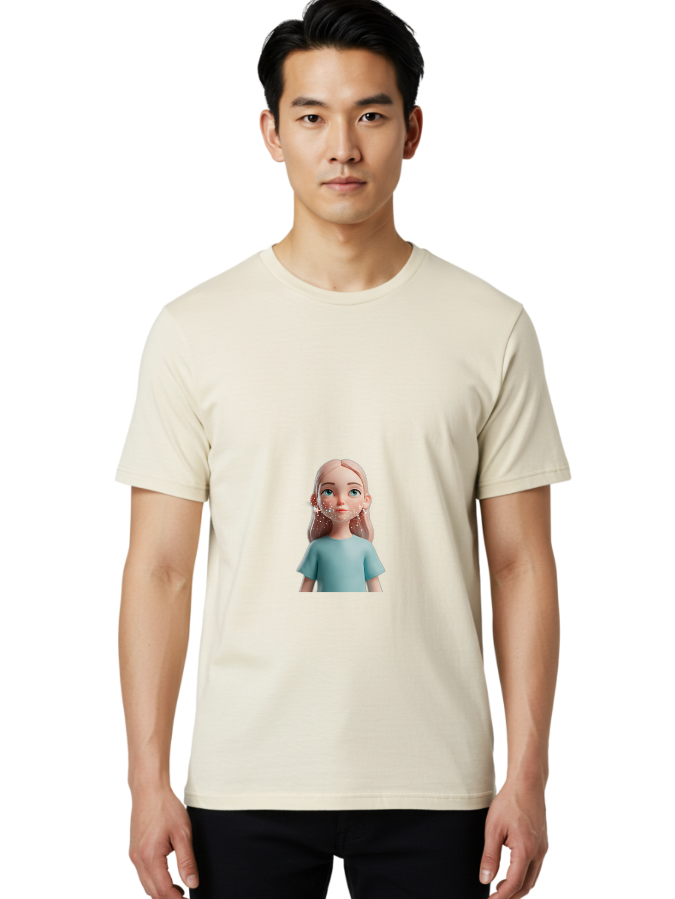 Blonde-Girl Men'S Graphic Tee, 100% Cotton, Comfortable Casual Summer Wear, Machine Washable, Cartoon Girl, 3D Character, Blue Eyes, Pink Hair, Light Blue Shirt, Freckles, Cute Expression, Pink Cheeks, Digital Art, Virtual Avatar Bac636
