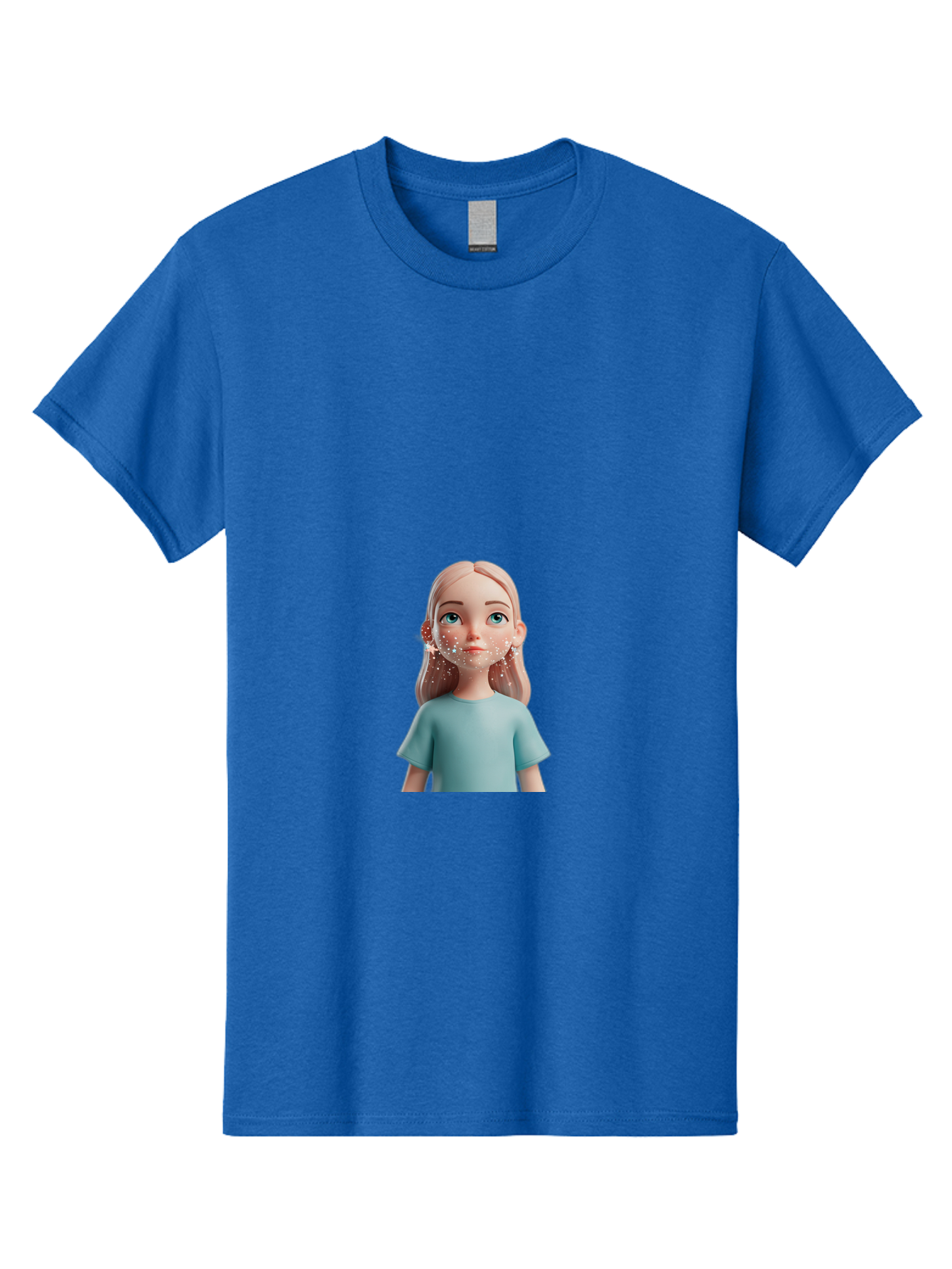 Blonde-Girl Men'S Graphic Tee, 100% Cotton, Comfortable Casual Summer Wear, Machine Washable, Cartoon Girl, 3D Character, Blue Eyes, Pink Hair, Light Blue Shirt, Freckles, Cute Expression, Pink Cheeks, Digital Art, Virtual Avatar Bac636