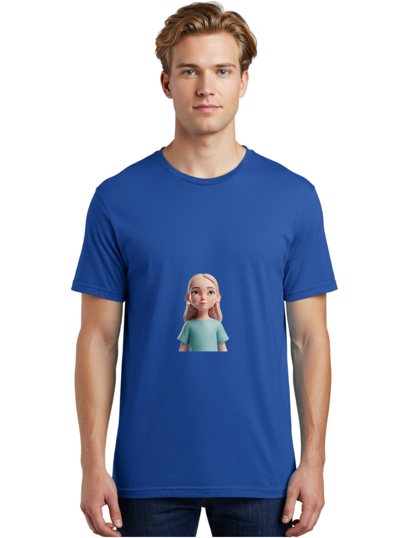 Blonde-Girl Men'S Graphic Tee, 100% Cotton, Comfortable Casual Summer Wear, Machine Washable, Cartoon Girl, 3D Character, Blue Eyes, Pink Hair, Light Blue Shirt, Freckles, Cute Expression, Pink Cheeks, Digital Art, Virtual Avatar Bac636