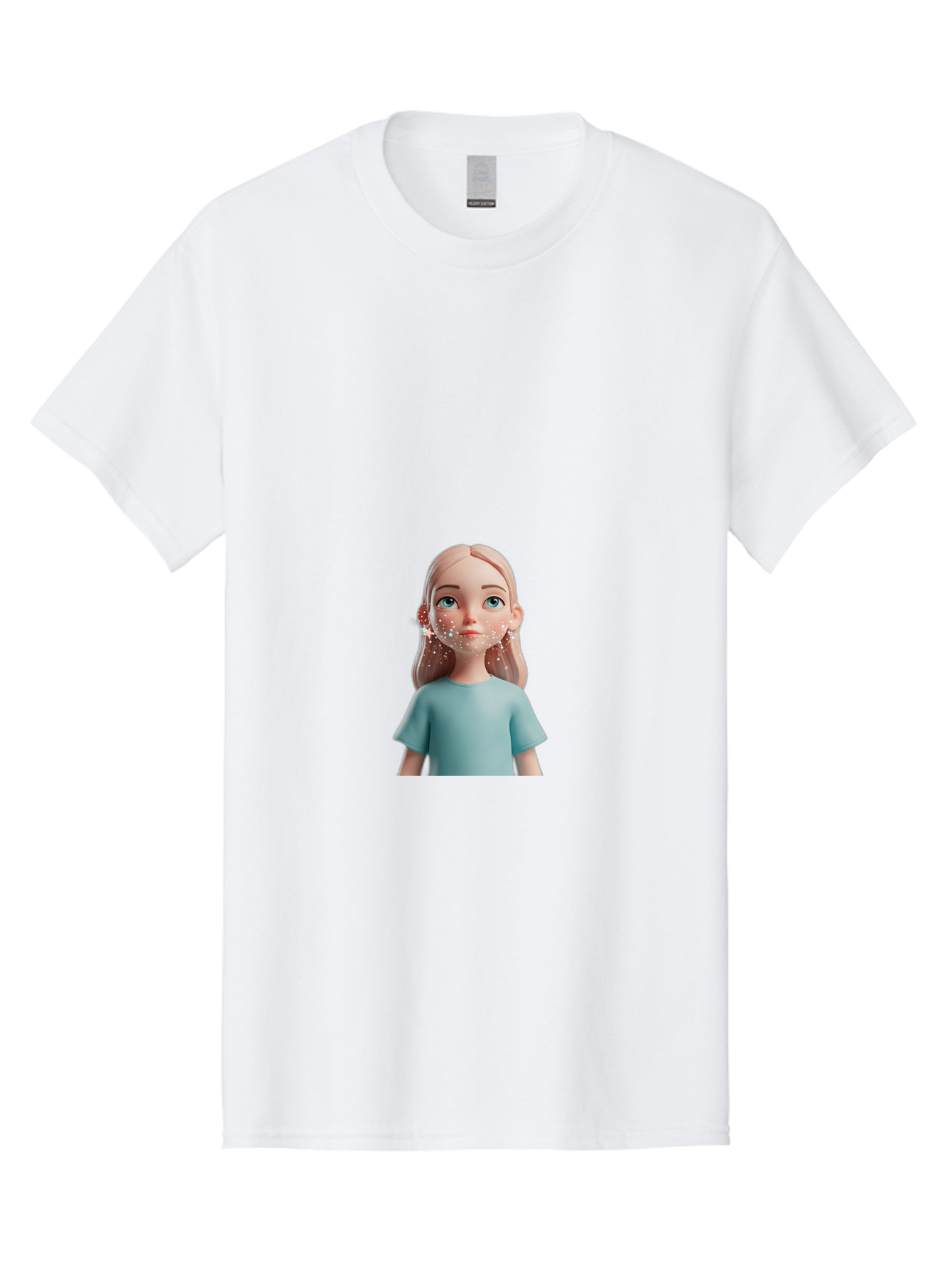 Blonde-Girl Men'S Graphic Tee, 100% Cotton, Comfortable Casual Summer Wear, Machine Washable, Cartoon Girl, 3D Character, Blue Eyes, Pink Hair, Light Blue Shirt, Freckles, Cute Expression, Pink Cheeks, Digital Art, Virtual Avatar Bac636
