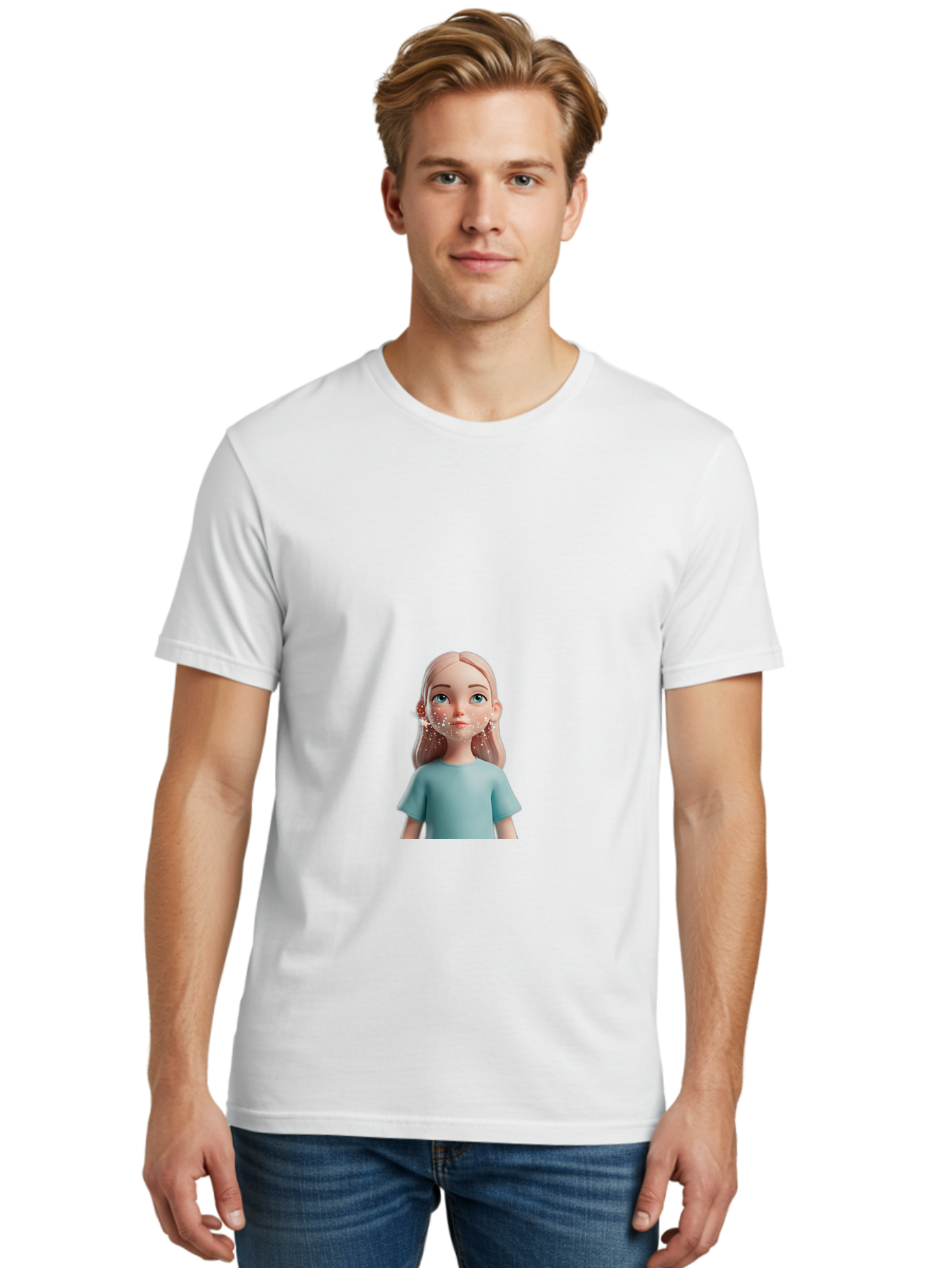 Blonde-Girl Men'S Graphic Tee, 100% Cotton, Comfortable Casual Summer Wear, Machine Washable, Cartoon Girl, 3D Character, Blue Eyes, Pink Hair, Light Blue Shirt, Freckles, Cute Expression, Pink Cheeks, Digital Art, Virtual Avatar Bac636