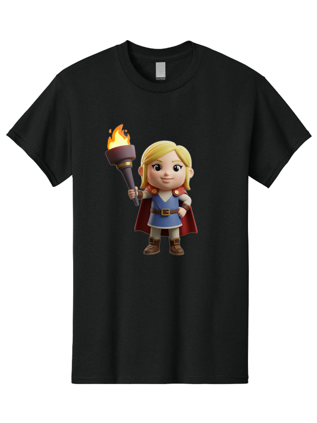 Blonde-Hero Men'S Graphic Tee, 100% Cotton, Comfortable Casual Summer Wear, Machine Washable, Cartoon Hero, Blonde Hair, Red Cape, Blue Dress, Torch In Hand, Heroic Pose, Youthful Energy, Chibi Style, Fantasy Character, Heroic Attire, Flame, Bac637