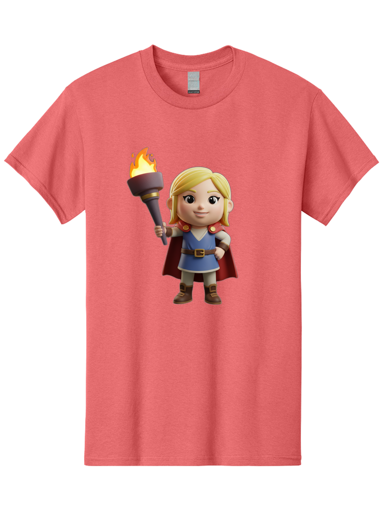Blonde-Hero Men'S Graphic Tee, 100% Cotton, Comfortable Casual Summer Wear, Machine Washable, Cartoon Hero, Blonde Hair, Red Cape, Blue Dress, Torch In Hand, Heroic Pose, Youthful Energy, Chibi Style, Fantasy Character, Heroic Attire, Flame, Bac637