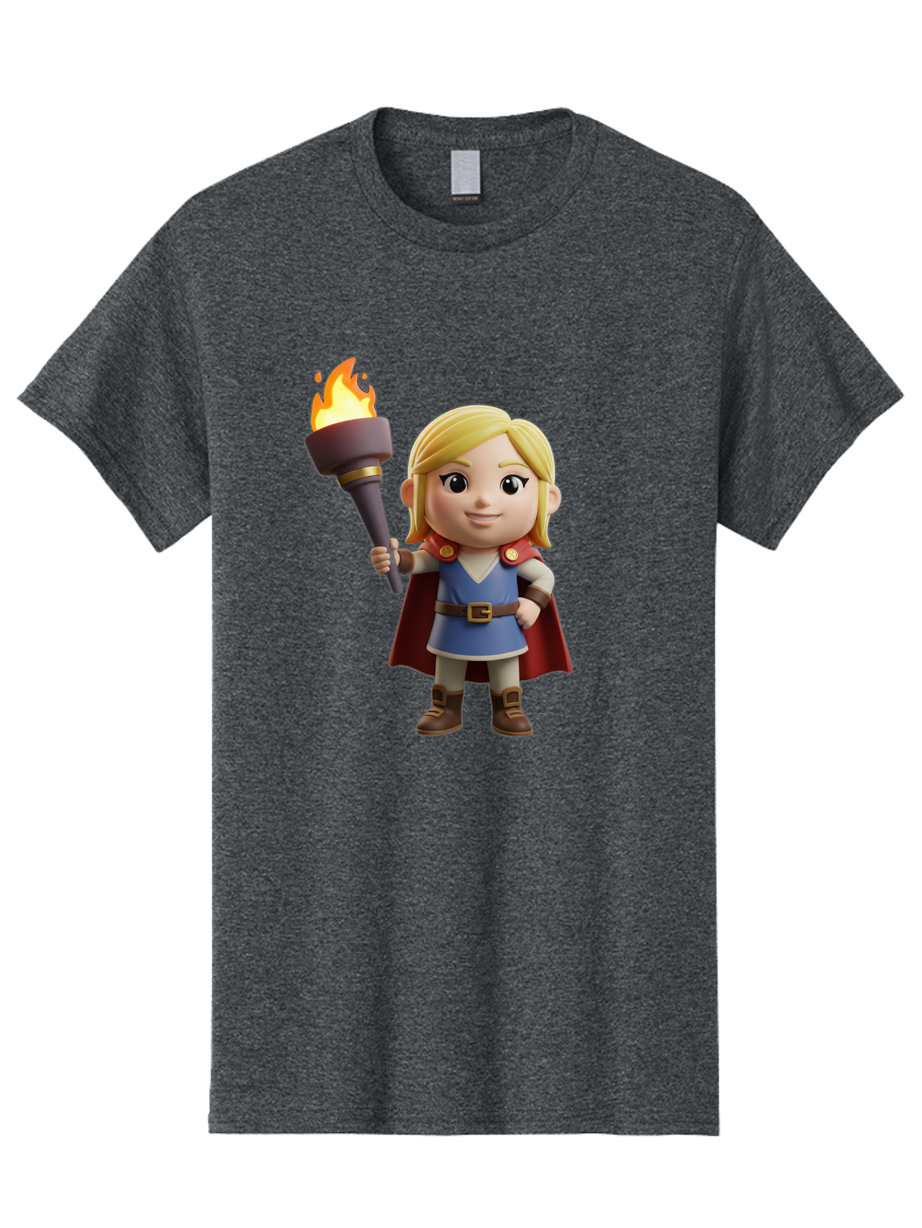 Blonde-Hero Men'S Graphic Tee, 100% Cotton, Comfortable Casual Summer Wear, Machine Washable, Cartoon Hero, Blonde Hair, Red Cape, Blue Dress, Torch In Hand, Heroic Pose, Youthful Energy, Chibi Style, Fantasy Character, Heroic Attire, Flame, Bac637