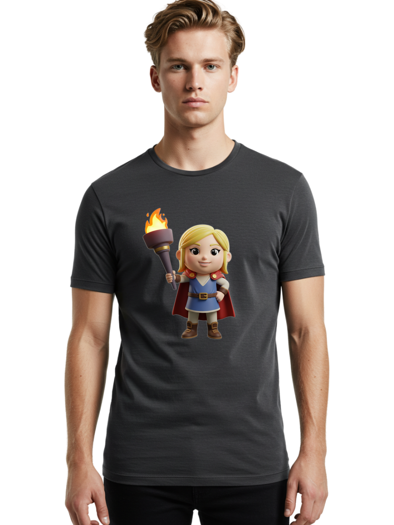 Blonde-Hero Men'S Graphic Tee, 100% Cotton, Comfortable Casual Summer Wear, Machine Washable, Cartoon Hero, Blonde Hair, Red Cape, Blue Dress, Torch In Hand, Heroic Pose, Youthful Energy, Chibi Style, Fantasy Character, Heroic Attire, Flame, Bac637
