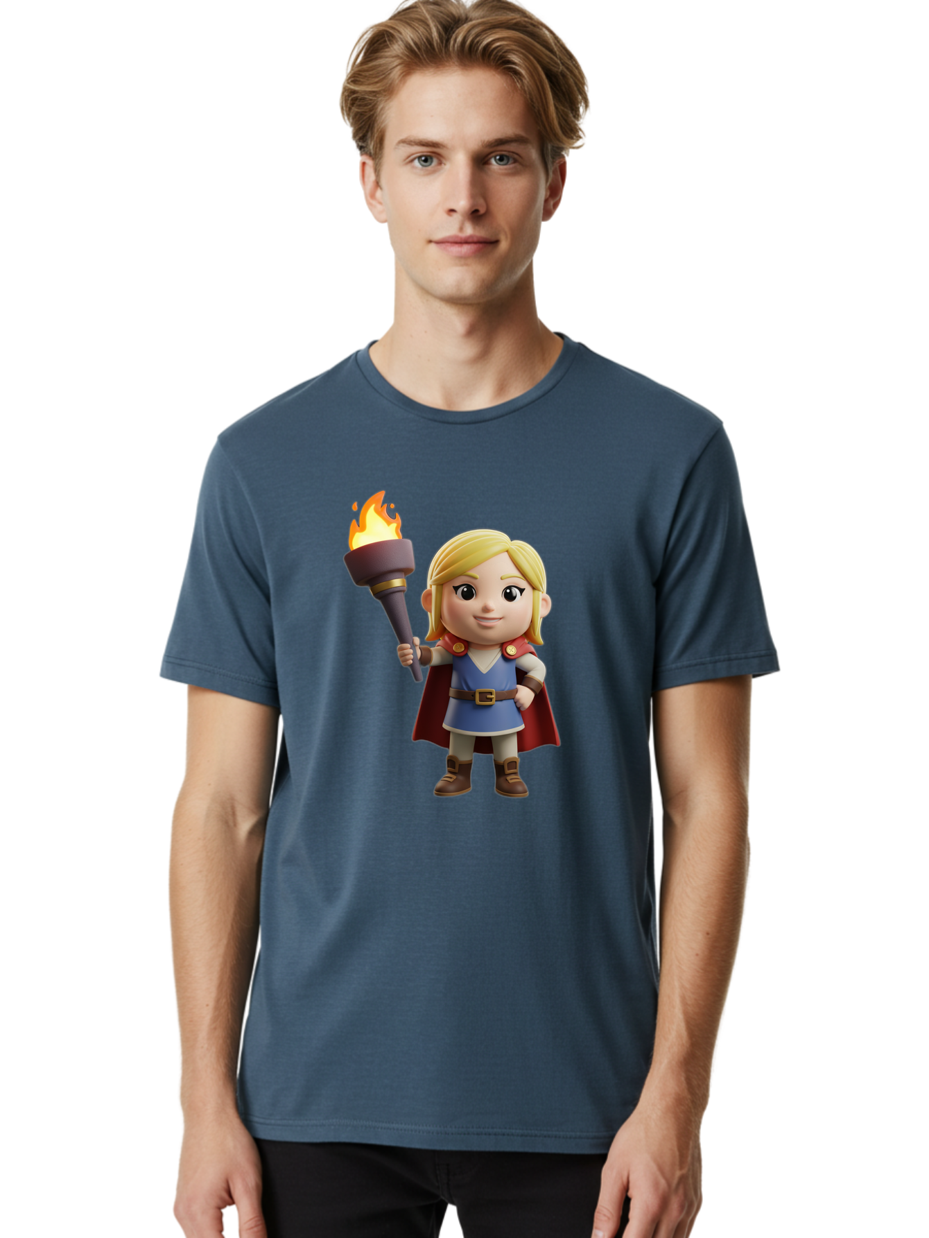 Blonde-Hero Men'S Graphic Tee, 100% Cotton, Comfortable Casual Summer Wear, Machine Washable, Cartoon Hero, Blonde Hair, Red Cape, Blue Dress, Torch In Hand, Heroic Pose, Youthful Energy, Chibi Style, Fantasy Character, Heroic Attire, Flame, Bac637