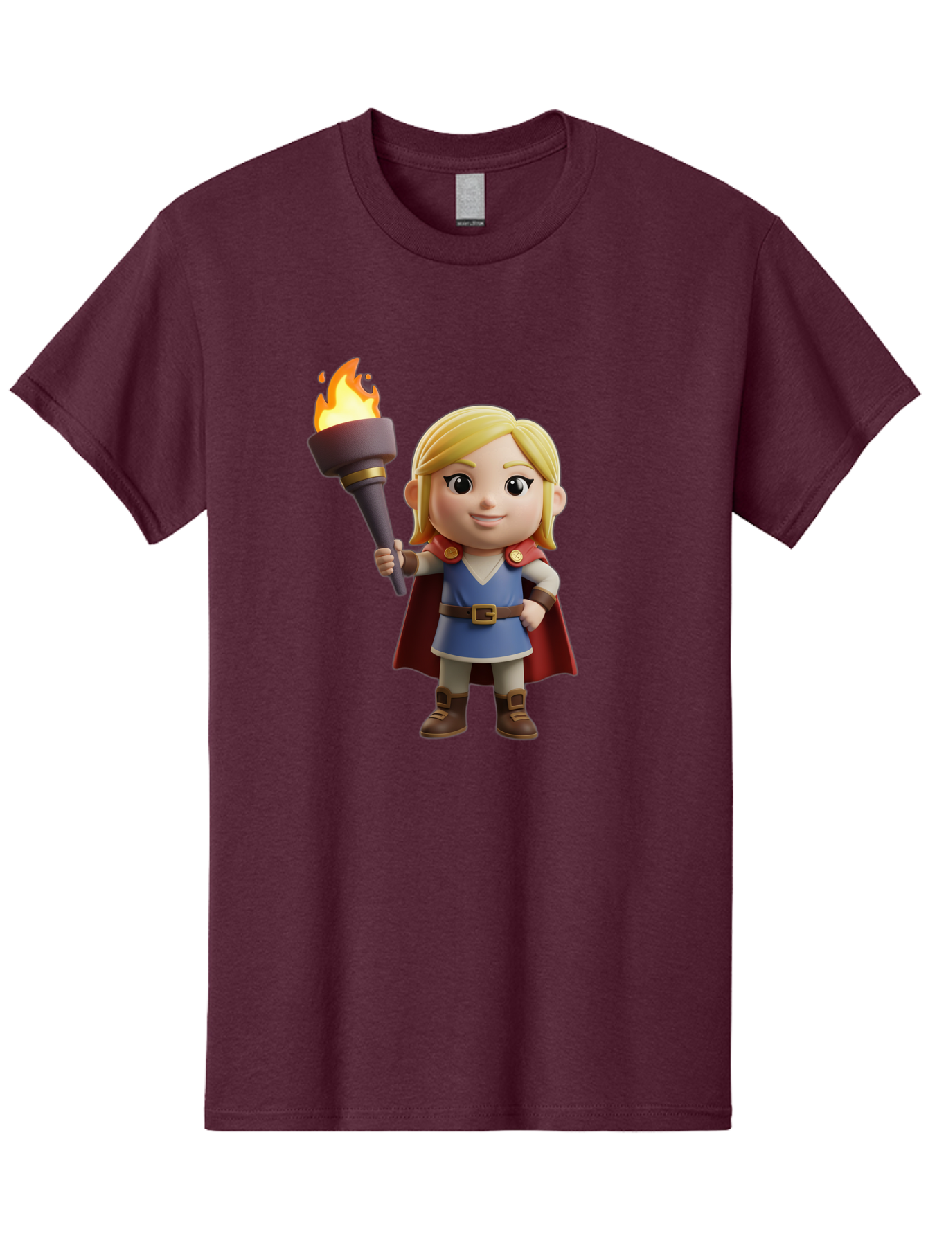 Blonde-Hero Men'S Graphic Tee, 100% Cotton, Comfortable Casual Summer Wear, Machine Washable, Cartoon Hero, Blonde Hair, Red Cape, Blue Dress, Torch In Hand, Heroic Pose, Youthful Energy, Chibi Style, Fantasy Character, Heroic Attire, Flame, Bac637
