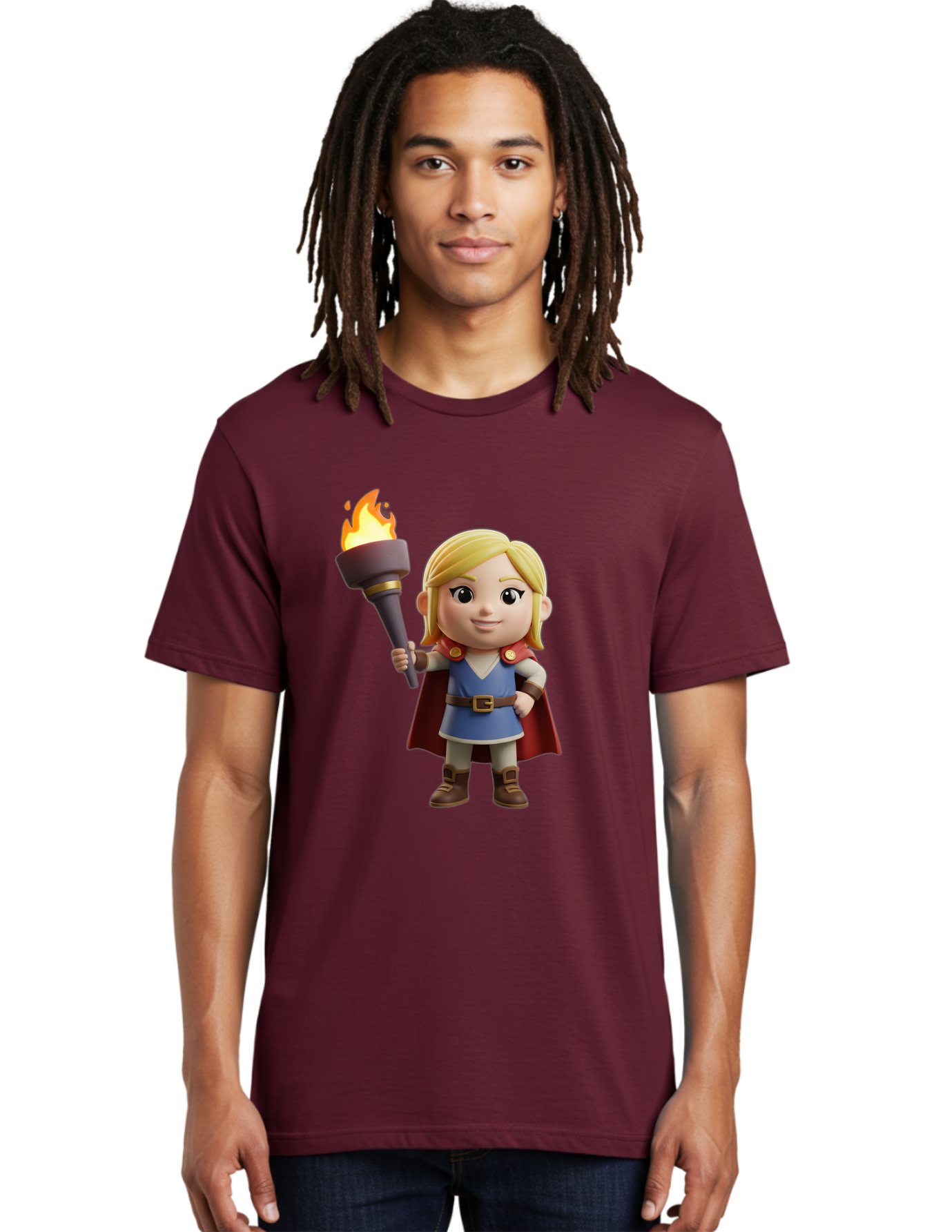 Blonde-Hero Men'S Graphic Tee, 100% Cotton, Comfortable Casual Summer Wear, Machine Washable, Cartoon Hero, Blonde Hair, Red Cape, Blue Dress, Torch In Hand, Heroic Pose, Youthful Energy, Chibi Style, Fantasy Character, Heroic Attire, Flame, Bac637