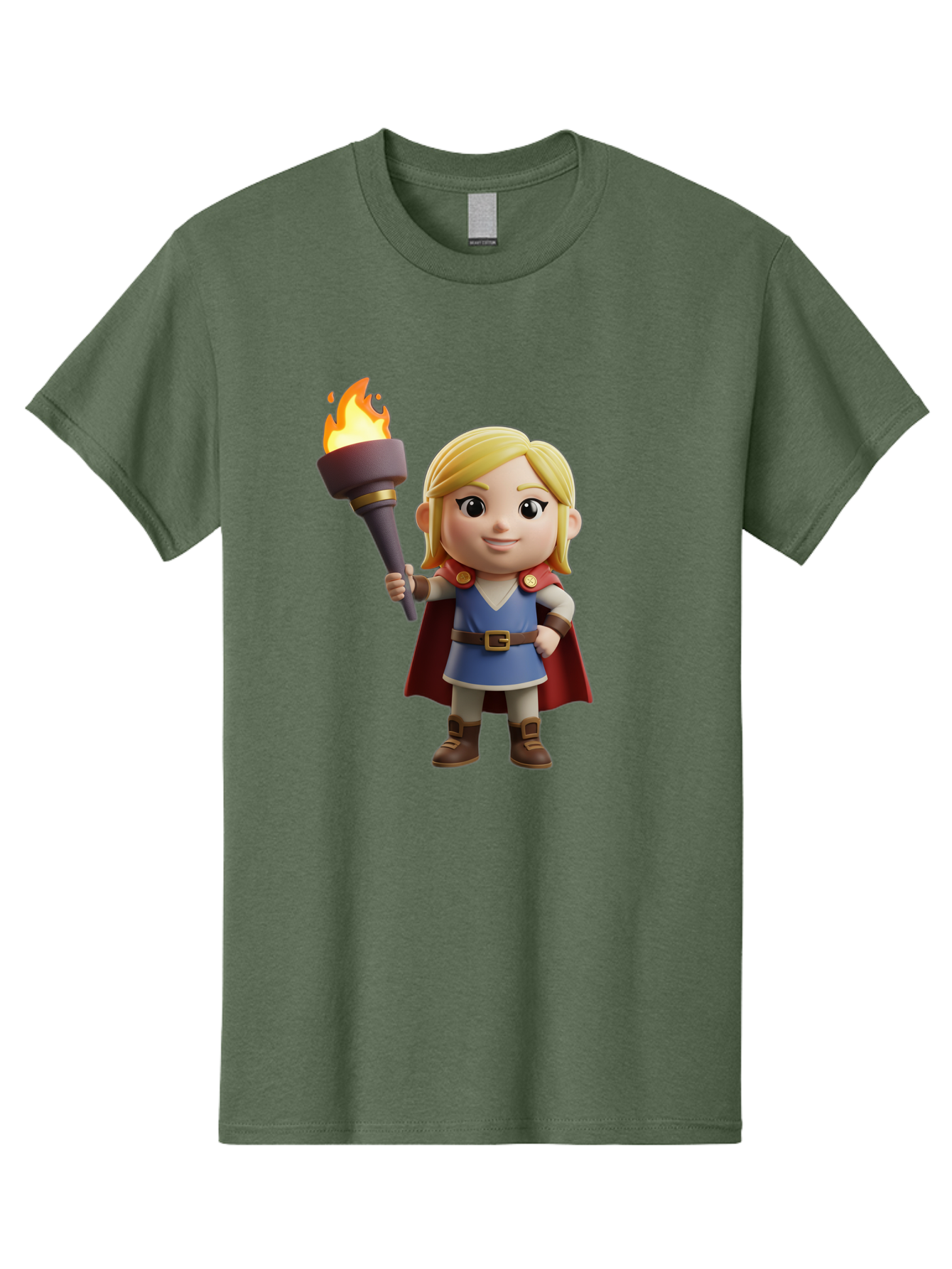 Blonde-Hero Men'S Graphic Tee, 100% Cotton, Comfortable Casual Summer Wear, Machine Washable, Cartoon Hero, Blonde Hair, Red Cape, Blue Dress, Torch In Hand, Heroic Pose, Youthful Energy, Chibi Style, Fantasy Character, Heroic Attire, Flame, Bac637