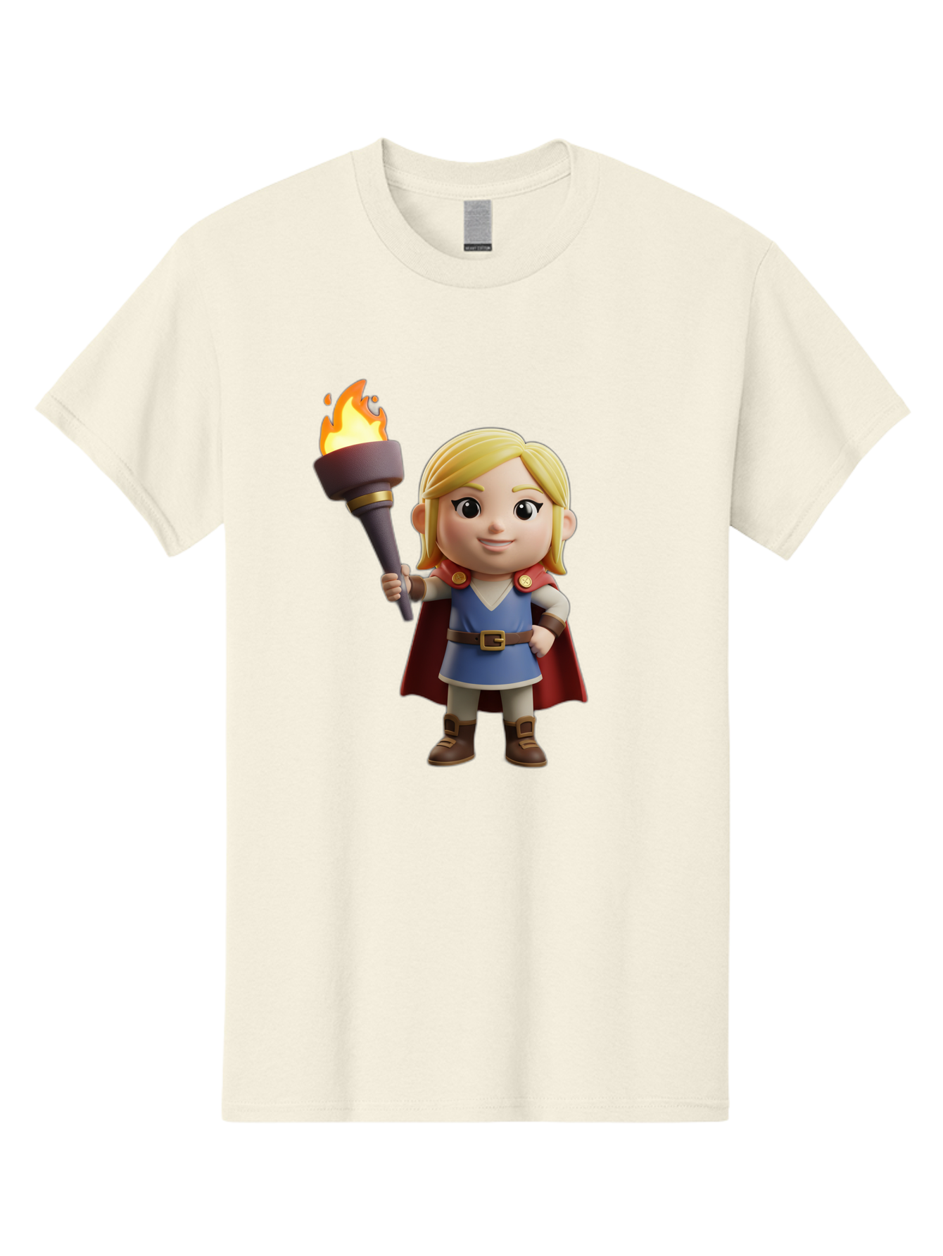 Blonde-Hero Men'S Graphic Tee, 100% Cotton, Comfortable Casual Summer Wear, Machine Washable, Cartoon Hero, Blonde Hair, Red Cape, Blue Dress, Torch In Hand, Heroic Pose, Youthful Energy, Chibi Style, Fantasy Character, Heroic Attire, Flame, Bac637