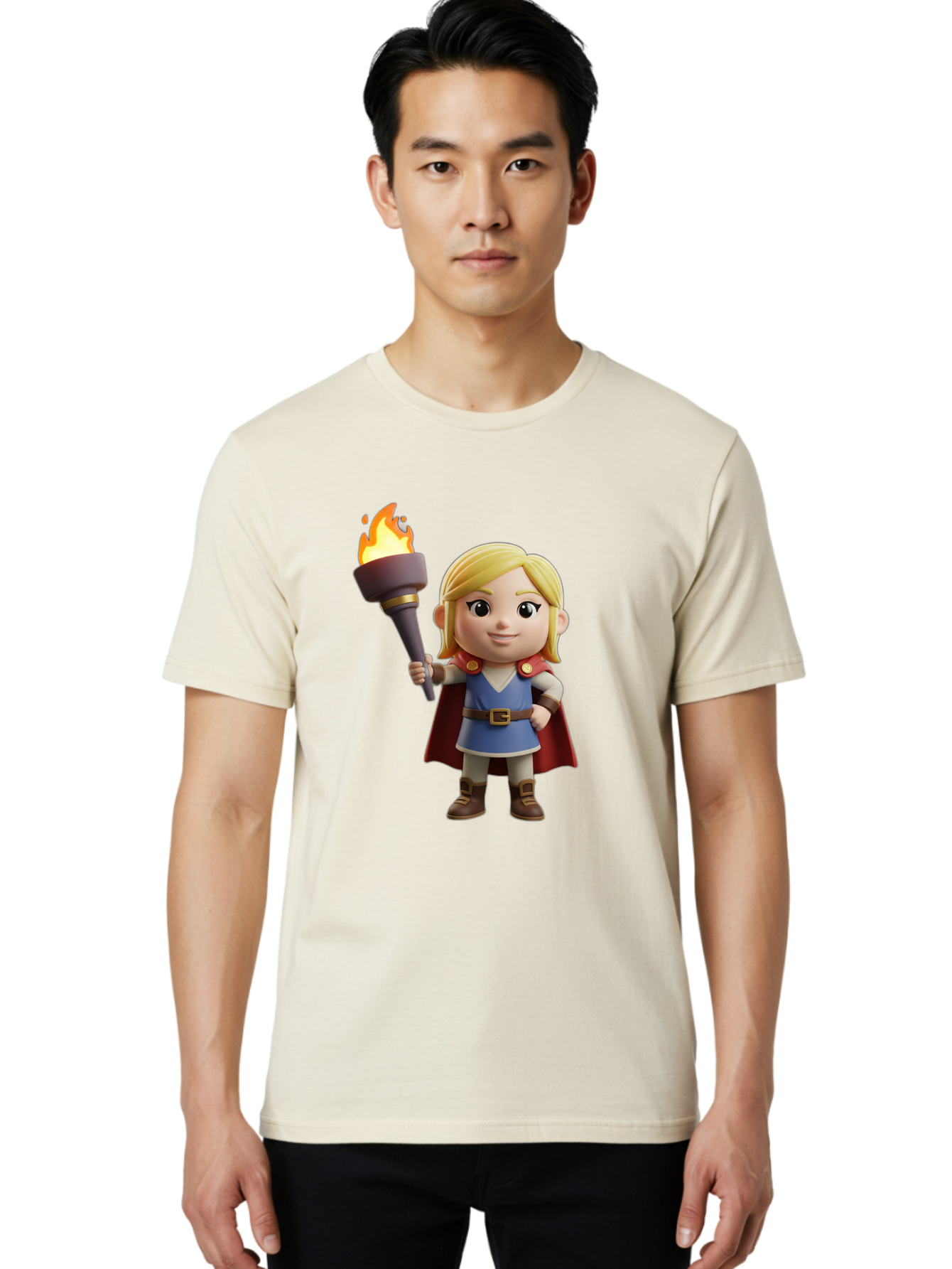 Blonde-Hero Men'S Graphic Tee, 100% Cotton, Comfortable Casual Summer Wear, Machine Washable, Cartoon Hero, Blonde Hair, Red Cape, Blue Dress, Torch In Hand, Heroic Pose, Youthful Energy, Chibi Style, Fantasy Character, Heroic Attire, Flame, Bac637