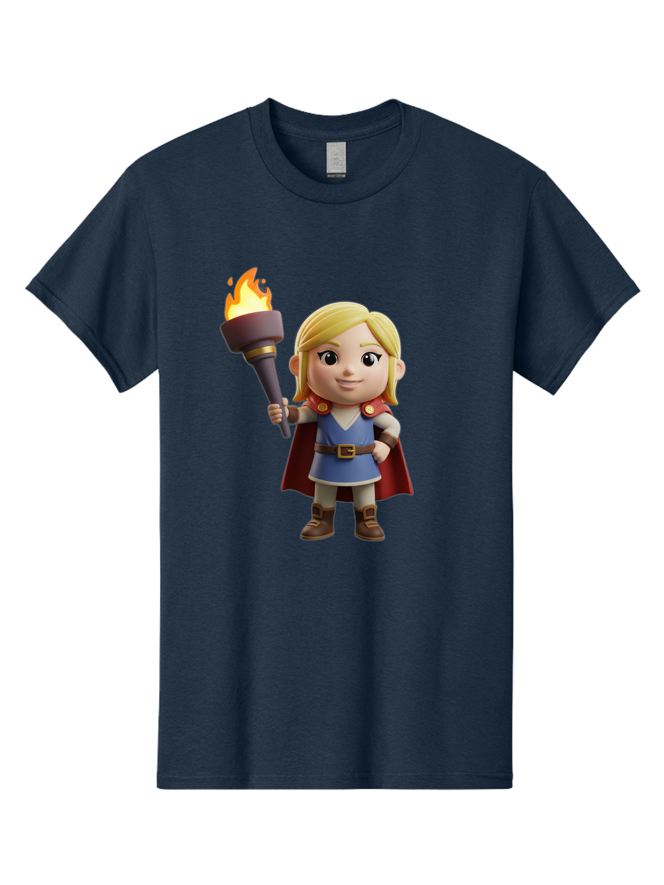 Blonde-Hero Men'S Graphic Tee, 100% Cotton, Comfortable Casual Summer Wear, Machine Washable, Cartoon Hero, Blonde Hair, Red Cape, Blue Dress, Torch In Hand, Heroic Pose, Youthful Energy, Chibi Style, Fantasy Character, Heroic Attire, Flame, Bac637