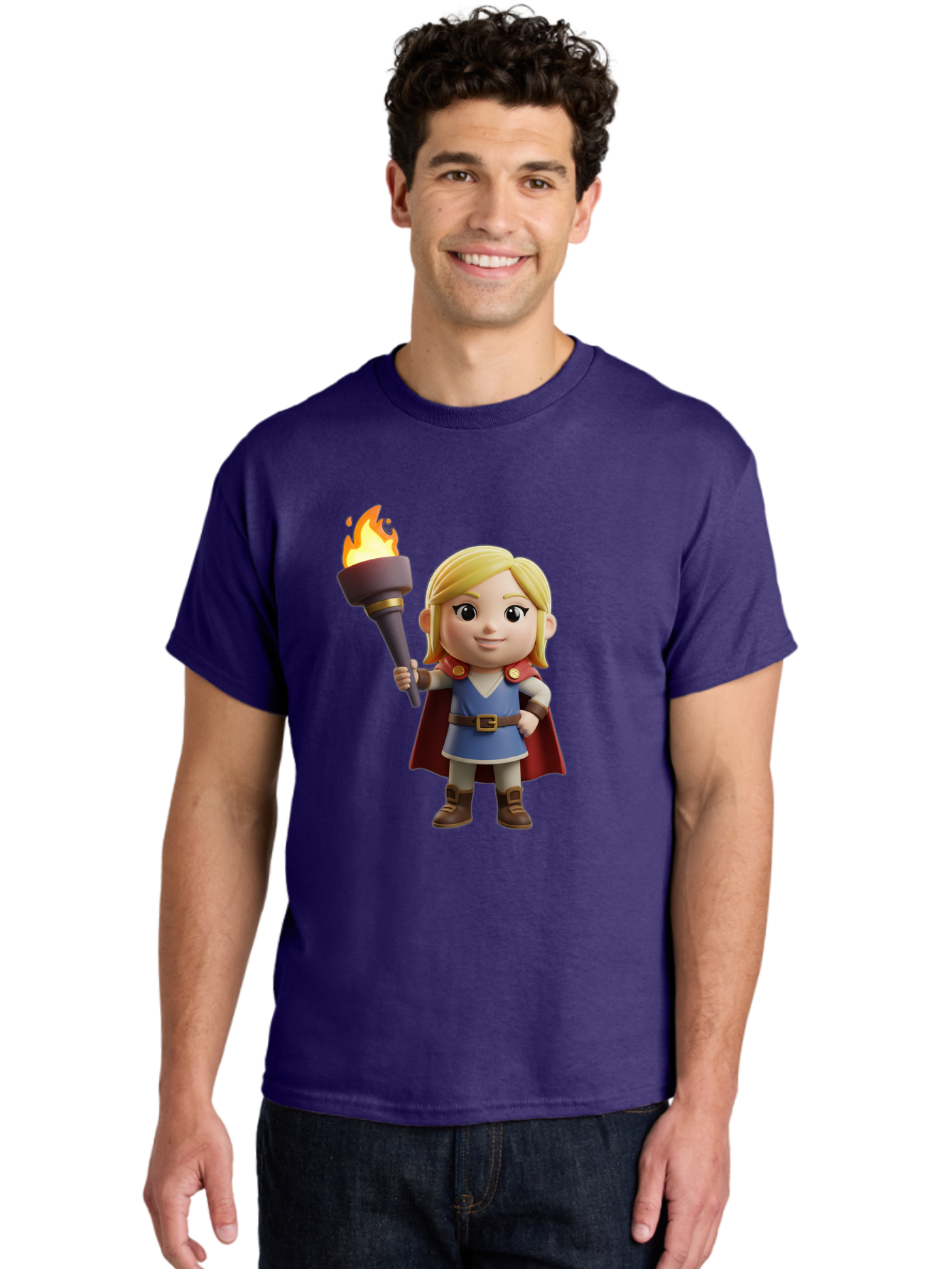 Blonde-Hero Men'S Graphic Tee, 100% Cotton, Comfortable Casual Summer Wear, Machine Washable, Cartoon Hero, Blonde Hair, Red Cape, Blue Dress, Torch In Hand, Heroic Pose, Youthful Energy, Chibi Style, Fantasy Character, Heroic Attire, Flame, Bac637
