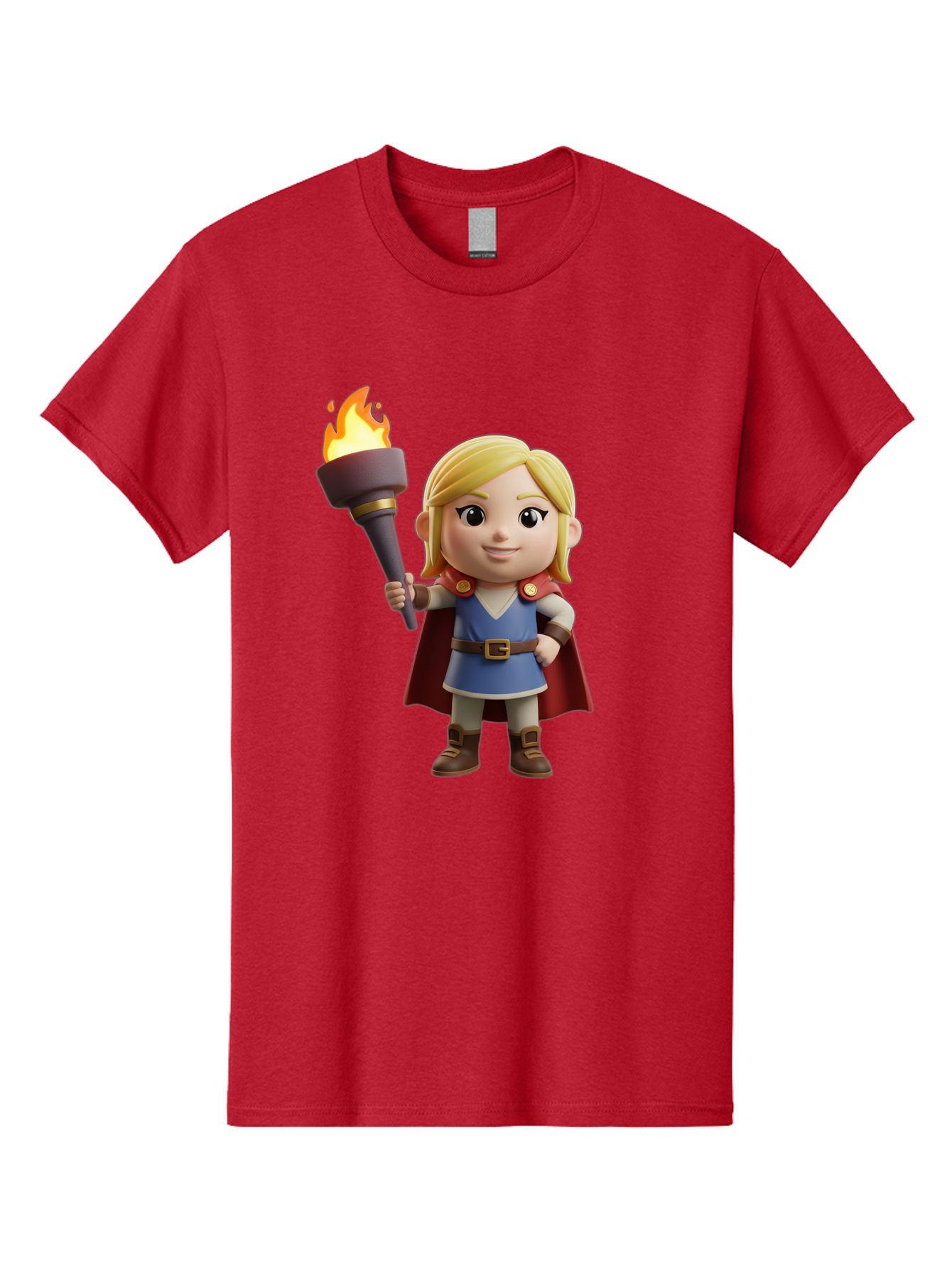 Blonde-Hero Men'S Graphic Tee, 100% Cotton, Comfortable Casual Summer Wear, Machine Washable, Cartoon Hero, Blonde Hair, Red Cape, Blue Dress, Torch In Hand, Heroic Pose, Youthful Energy, Chibi Style, Fantasy Character, Heroic Attire, Flame, Bac637