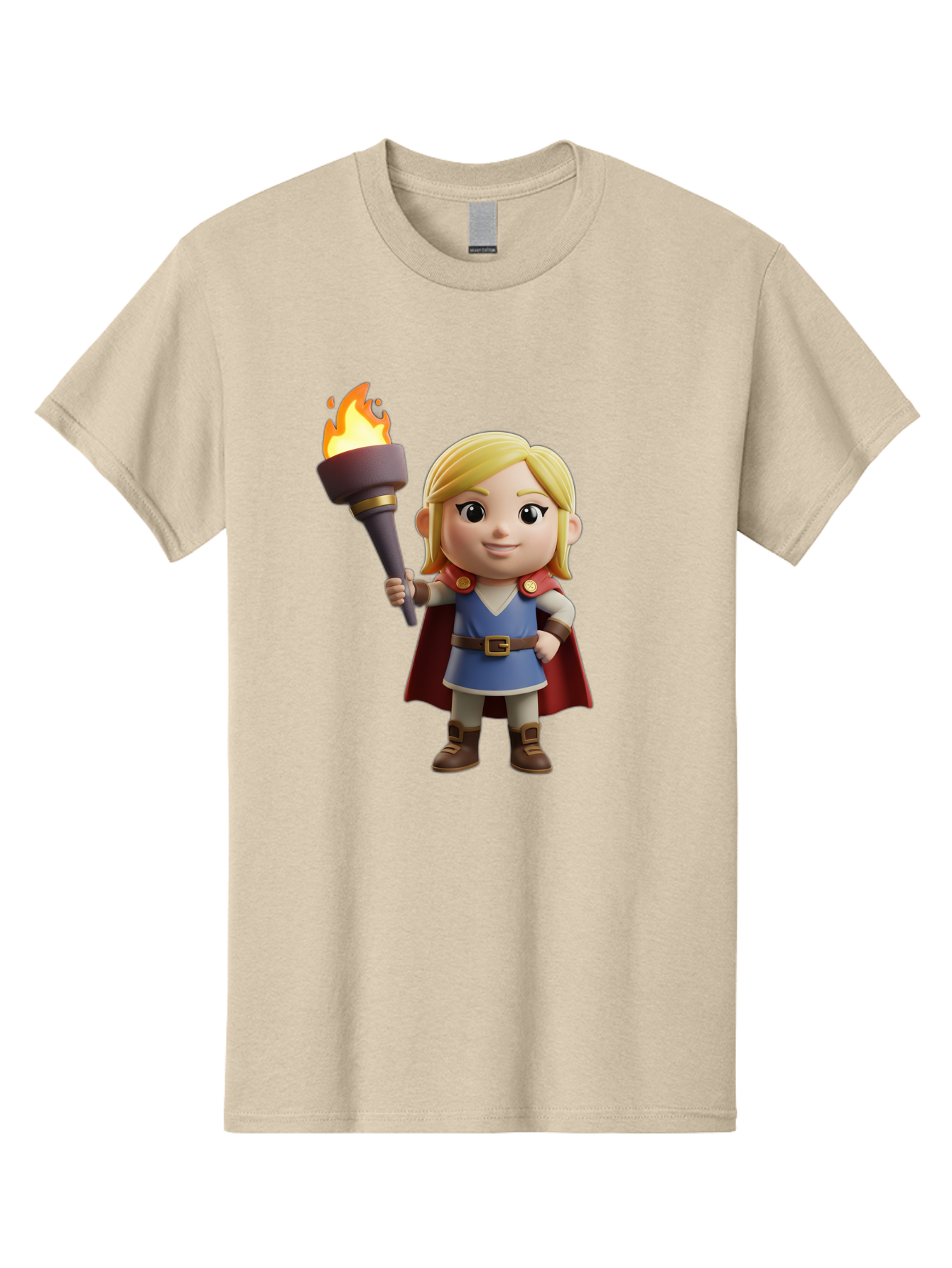 Blonde-Hero Men'S Graphic Tee, 100% Cotton, Comfortable Casual Summer Wear, Machine Washable, Cartoon Hero, Blonde Hair, Red Cape, Blue Dress, Torch In Hand, Heroic Pose, Youthful Energy, Chibi Style, Fantasy Character, Heroic Attire, Flame, Bac637