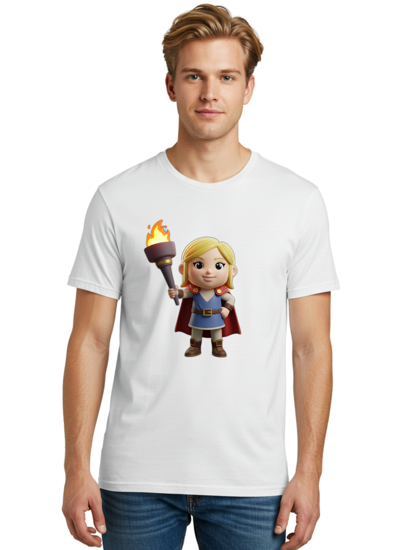 Blonde-Hero Men'S Graphic Tee, 100% Cotton, Comfortable Casual Summer Wear, Machine Washable, Cartoon Hero, Blonde Hair, Red Cape, Blue Dress, Torch In Hand, Heroic Pose, Youthful Energy, Chibi Style, Fantasy Character, Heroic Attire, Flame, Bac637