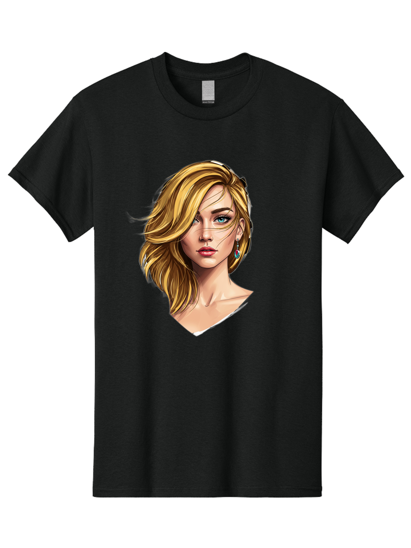 Blonde-Woman-Portrait-1 Men'S Graphic Tee, 100% Cotton, Comfortable Casual Summer Wear, Machine Washable, Blonde Woman, Blue Eyes, Red Lips, Earrings, Portrait Illustration, Digital Art, Fashion Model, Beauty, Glamour, Stylish Hair, Bac638