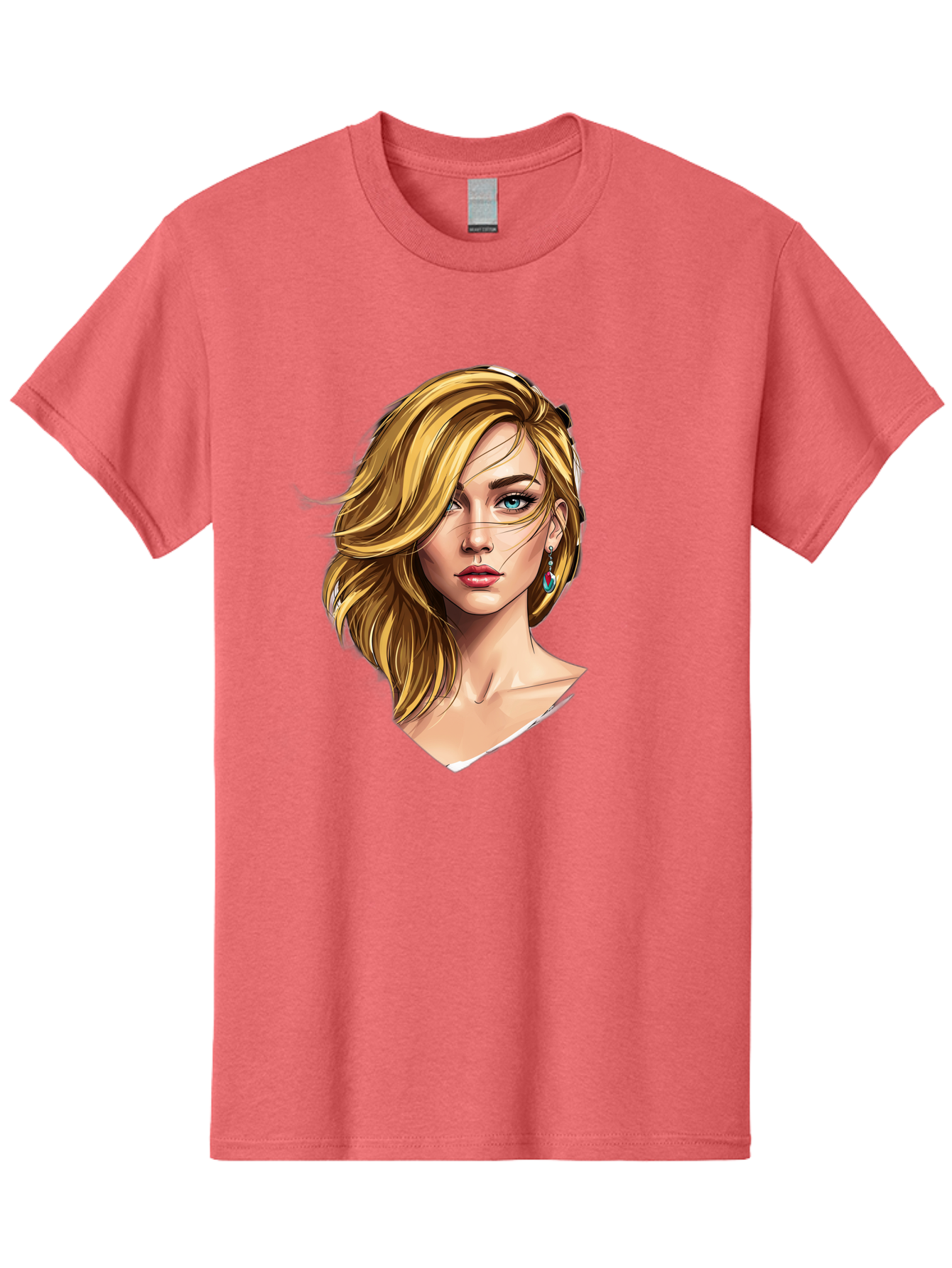 Blonde-Woman-Portrait-1 Men'S Graphic Tee, 100% Cotton, Comfortable Casual Summer Wear, Machine Washable, Blonde Woman, Blue Eyes, Red Lips, Earrings, Portrait Illustration, Digital Art, Fashion Model, Beauty, Glamour, Stylish Hair, Bac638