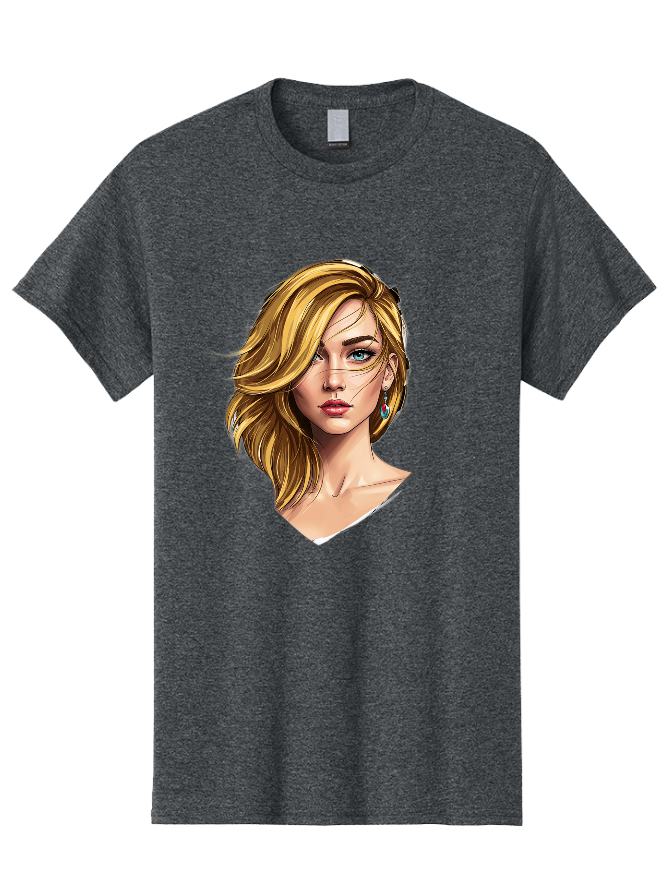 Blonde-Woman-Portrait-1 Men'S Graphic Tee, 100% Cotton, Comfortable Casual Summer Wear, Machine Washable, Blonde Woman, Blue Eyes, Red Lips, Earrings, Portrait Illustration, Digital Art, Fashion Model, Beauty, Glamour, Stylish Hair, Bac638
