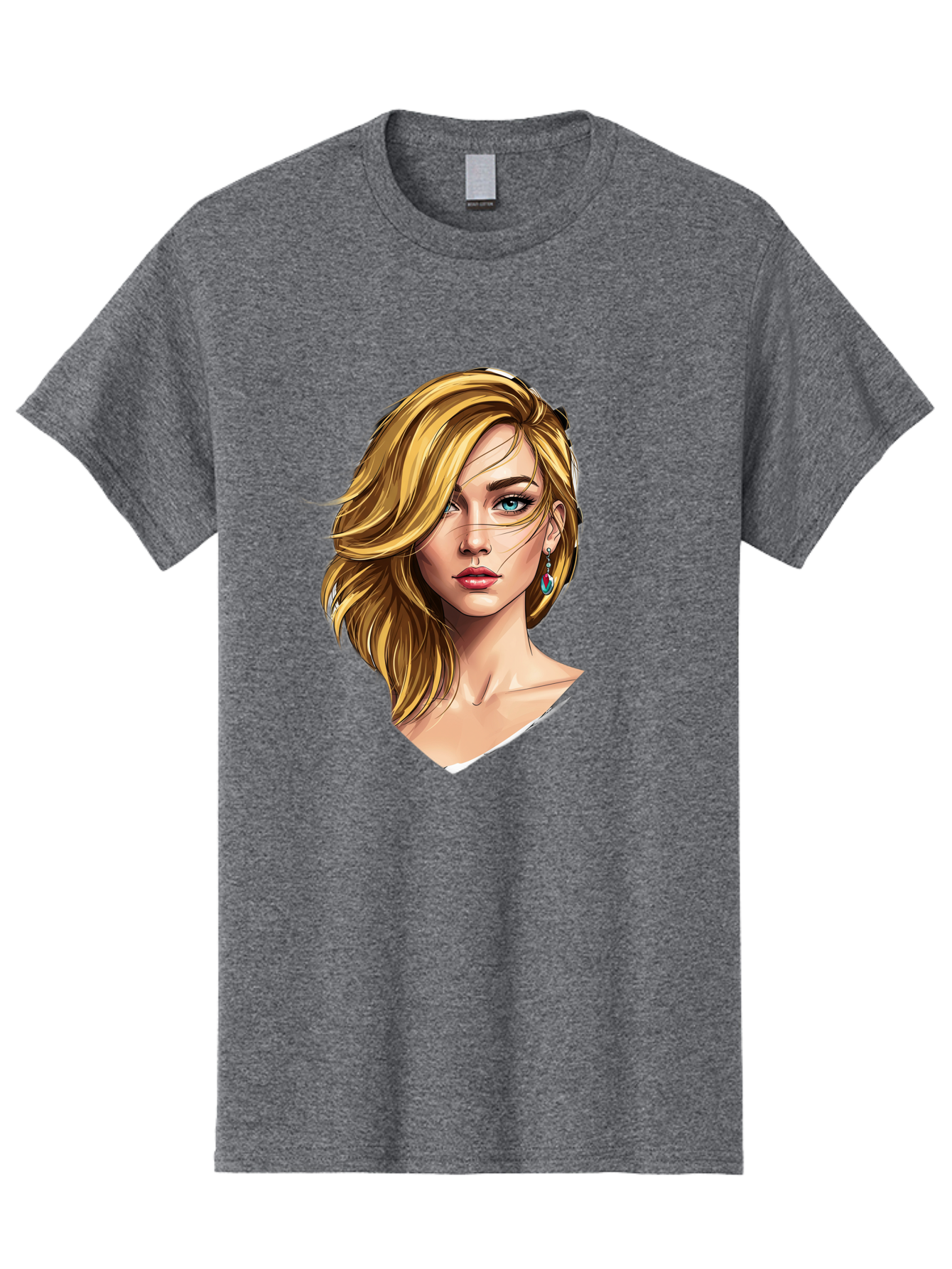 Blonde-Woman-Portrait-1 Men'S Graphic Tee, 100% Cotton, Comfortable Casual Summer Wear, Machine Washable, Blonde Woman, Blue Eyes, Red Lips, Earrings, Portrait Illustration, Digital Art, Fashion Model, Beauty, Glamour, Stylish Hair, Bac638