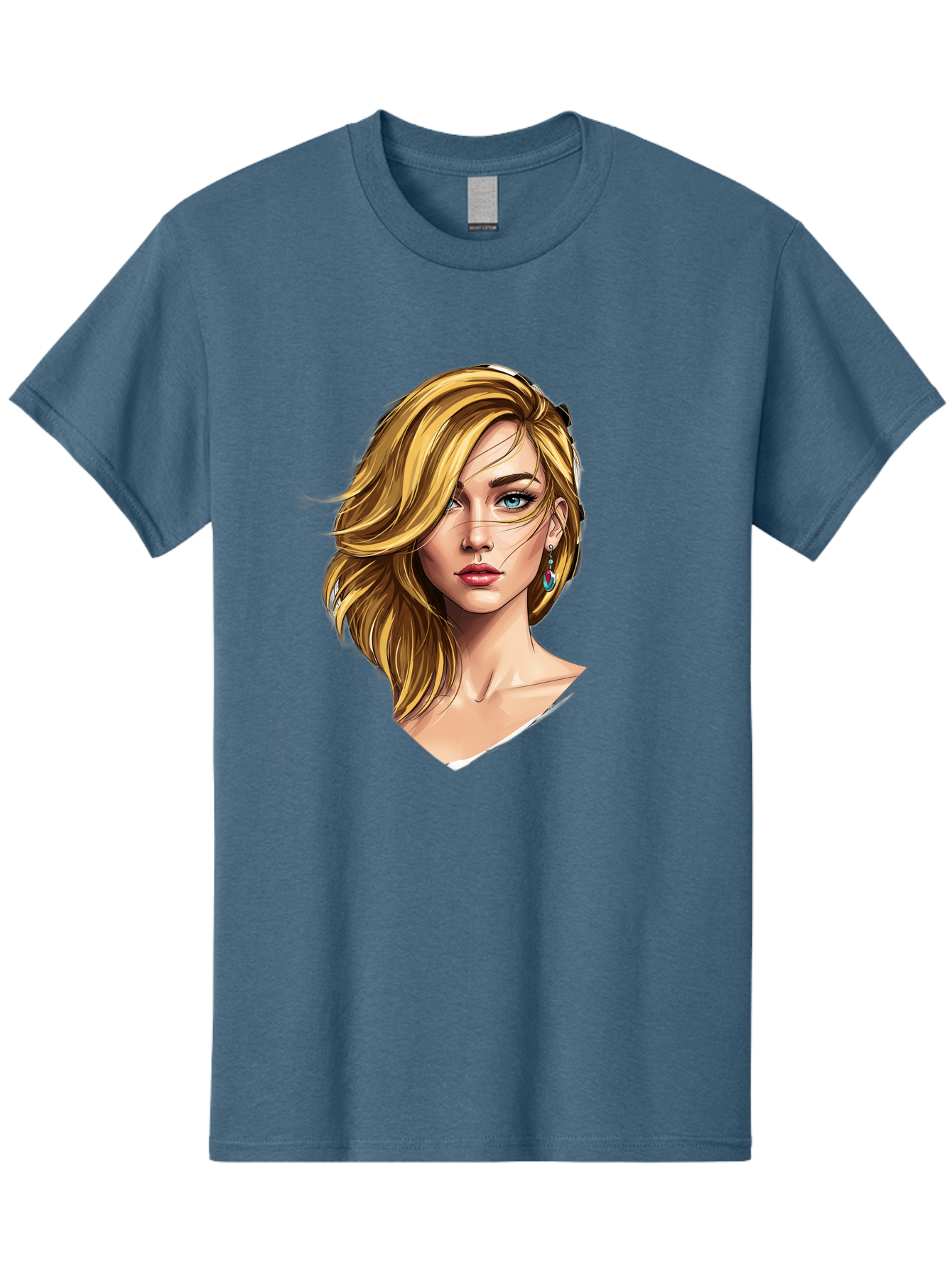 Blonde-Woman-Portrait-1 Men'S Graphic Tee, 100% Cotton, Comfortable Casual Summer Wear, Machine Washable, Blonde Woman, Blue Eyes, Red Lips, Earrings, Portrait Illustration, Digital Art, Fashion Model, Beauty, Glamour, Stylish Hair, Bac638