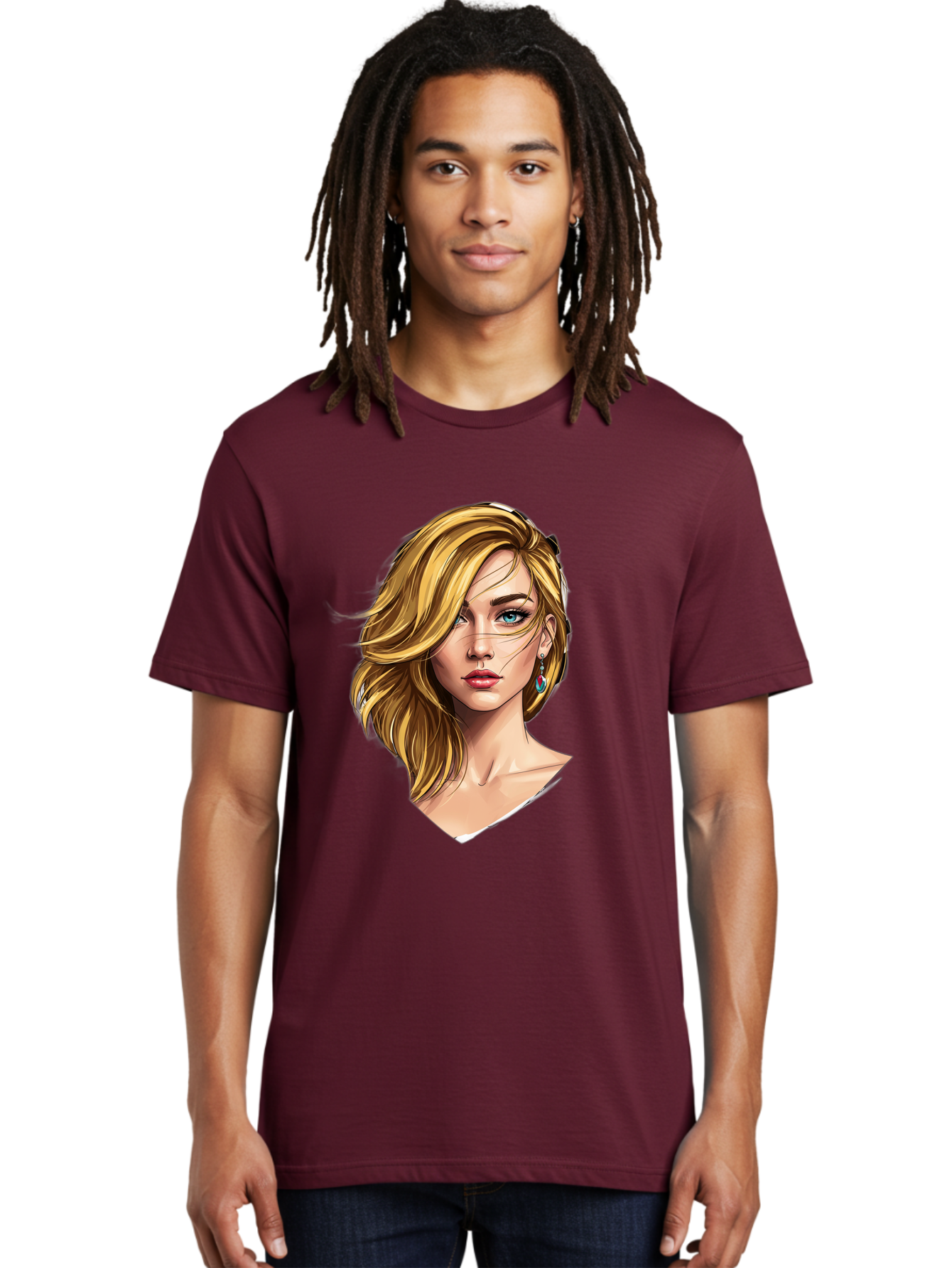 Blonde-Woman-Portrait-1 Men'S Graphic Tee, 100% Cotton, Comfortable Casual Summer Wear, Machine Washable, Blonde Woman, Blue Eyes, Red Lips, Earrings, Portrait Illustration, Digital Art, Fashion Model, Beauty, Glamour, Stylish Hair, Bac638
