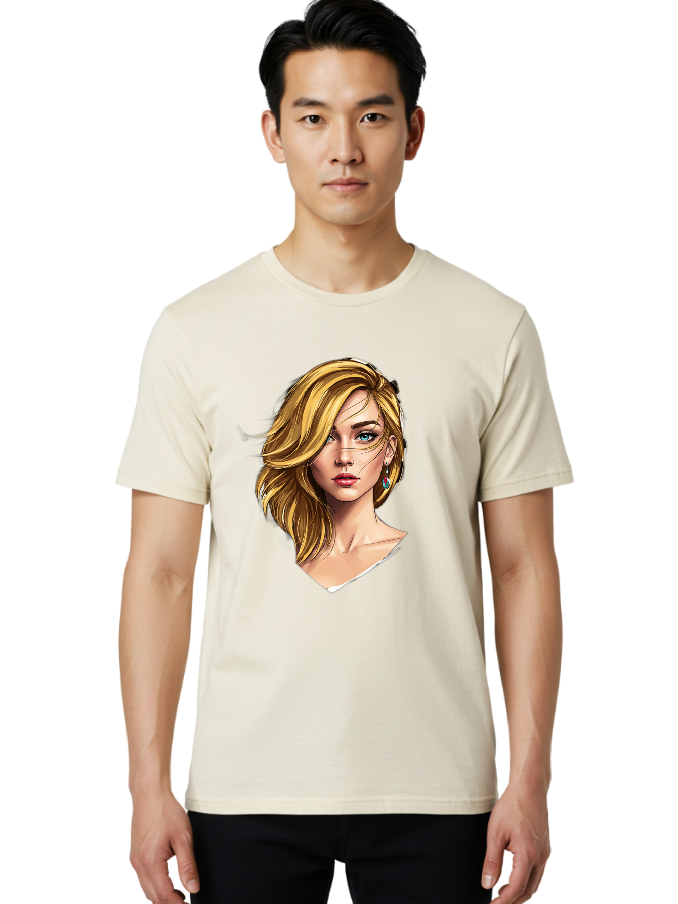 Blonde-Woman-Portrait-1 Men'S Graphic Tee, 100% Cotton, Comfortable Casual Summer Wear, Machine Washable, Blonde Woman, Blue Eyes, Red Lips, Earrings, Portrait Illustration, Digital Art, Fashion Model, Beauty, Glamour, Stylish Hair, Bac638