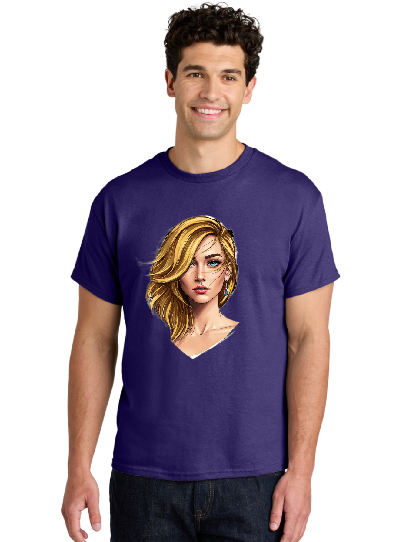 Blonde-Woman-Portrait-1 Men'S Graphic Tee, 100% Cotton, Comfortable Casual Summer Wear, Machine Washable, Blonde Woman, Blue Eyes, Red Lips, Earrings, Portrait Illustration, Digital Art, Fashion Model, Beauty, Glamour, Stylish Hair, Bac638