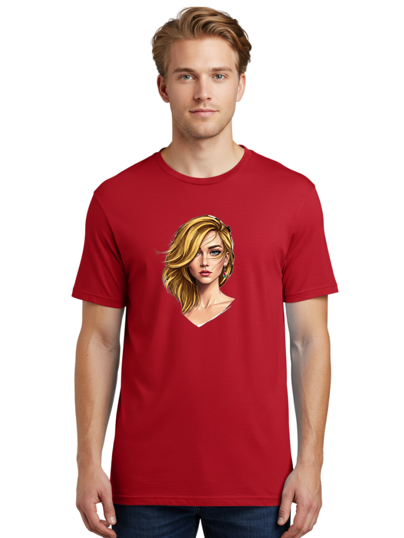 Blonde-Woman-Portrait-1 Men'S Graphic Tee, 100% Cotton, Comfortable Casual Summer Wear, Machine Washable, Blonde Woman, Blue Eyes, Red Lips, Earrings, Portrait Illustration, Digital Art, Fashion Model, Beauty, Glamour, Stylish Hair, Bac638