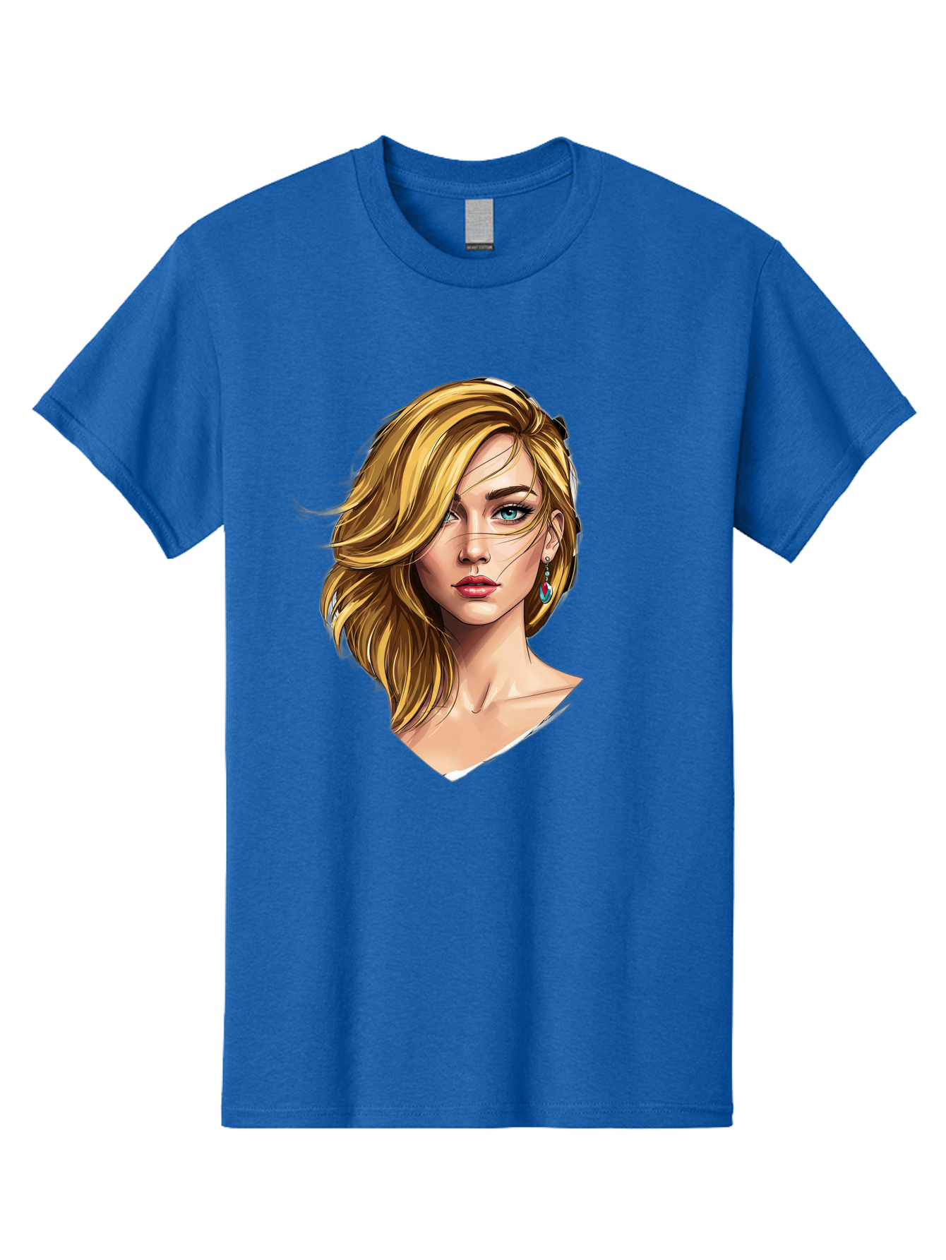 Blonde-Woman-Portrait-1 Men'S Graphic Tee, 100% Cotton, Comfortable Casual Summer Wear, Machine Washable, Blonde Woman, Blue Eyes, Red Lips, Earrings, Portrait Illustration, Digital Art, Fashion Model, Beauty, Glamour, Stylish Hair, Bac638