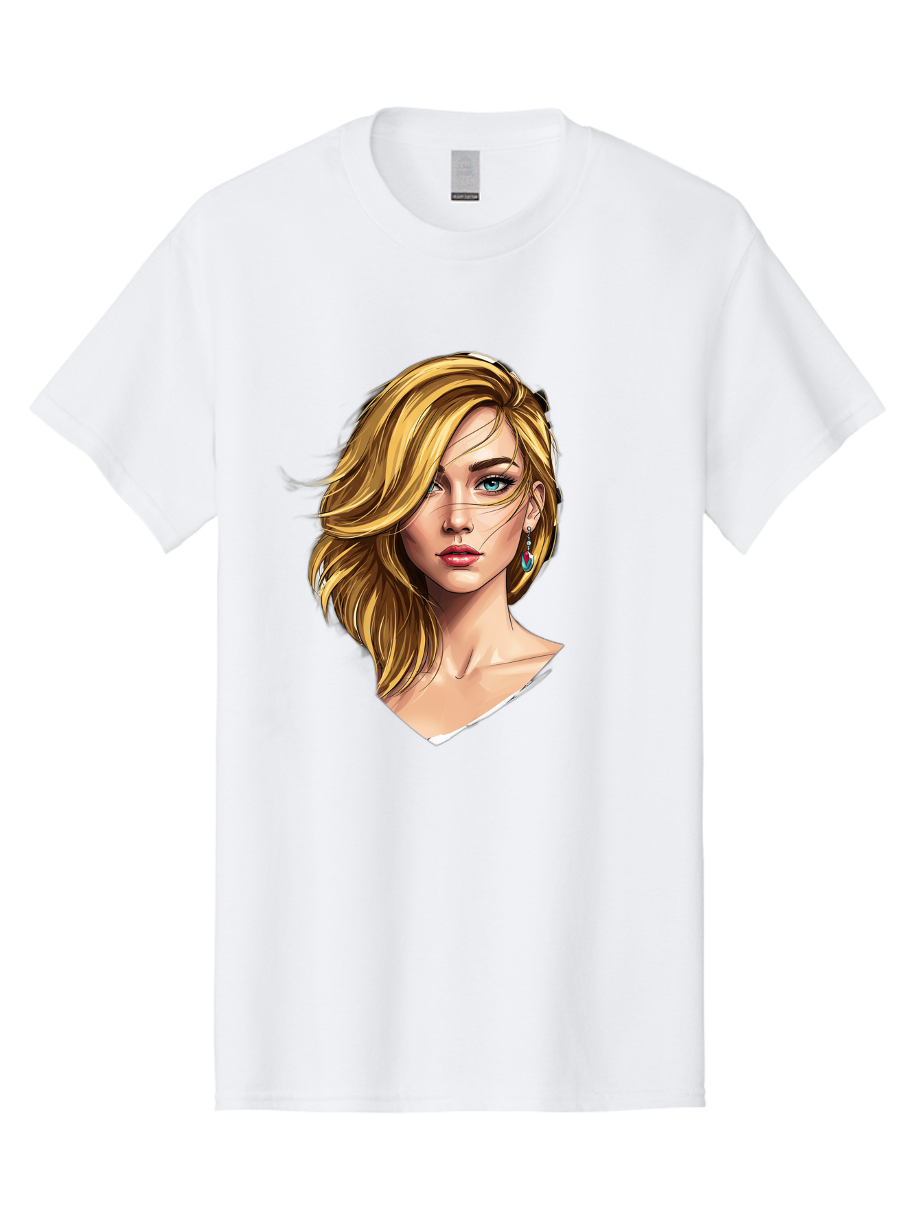 Blonde-Woman-Portrait-1 Men'S Graphic Tee, 100% Cotton, Comfortable Casual Summer Wear, Machine Washable, Blonde Woman, Blue Eyes, Red Lips, Earrings, Portrait Illustration, Digital Art, Fashion Model, Beauty, Glamour, Stylish Hair, Bac638
