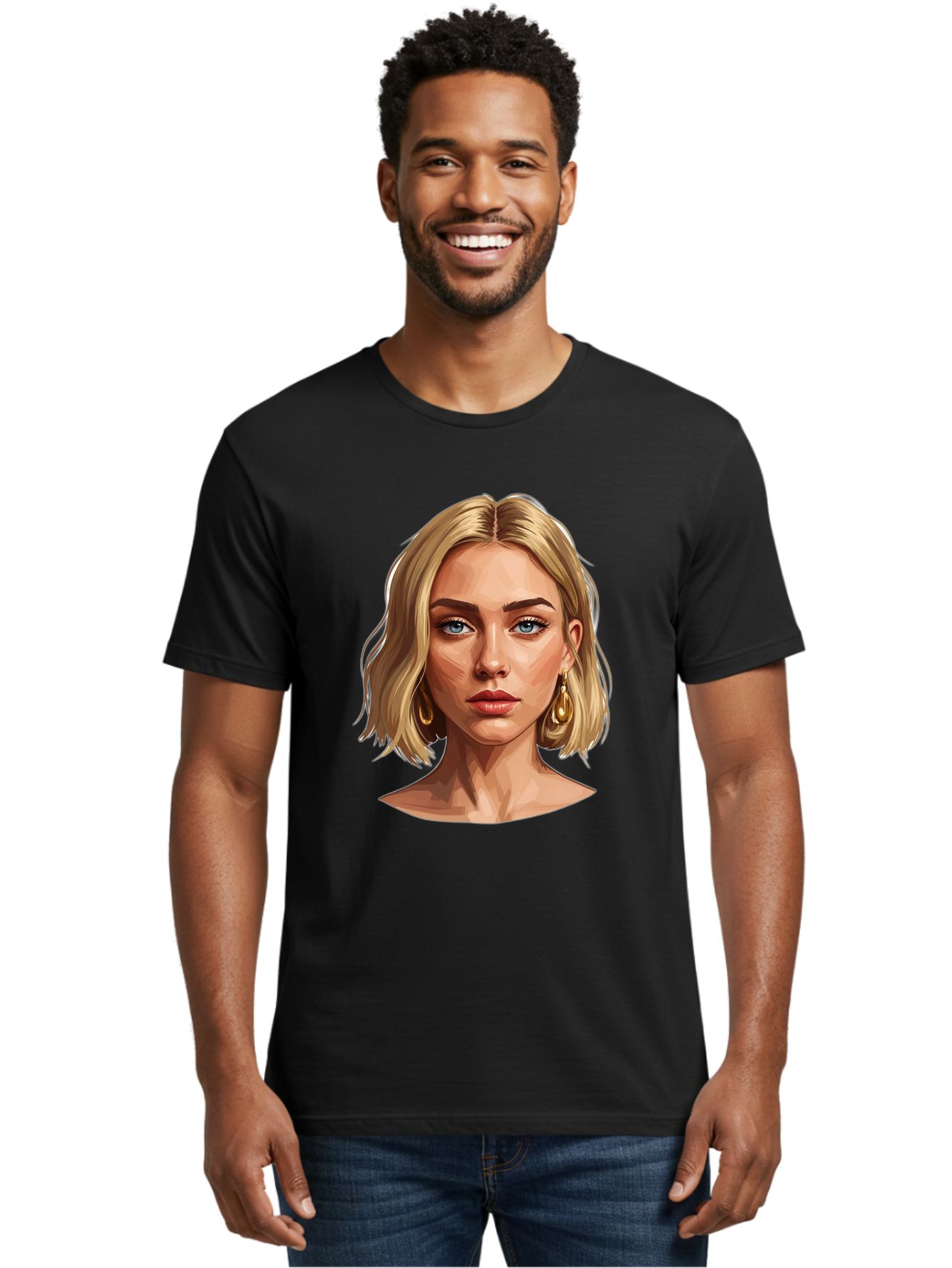 Blonde-Woman-Portrait-2 Men'S Graphic Tee, 100% Cotton, Comfortable Casual Summer Wear, Machine Washable, Blonde Woman, Blue Eyes, Gold Earrings, Digital Illustration, Portrait, Beauty, Fashion, Modern Style, Chic Look Bac639