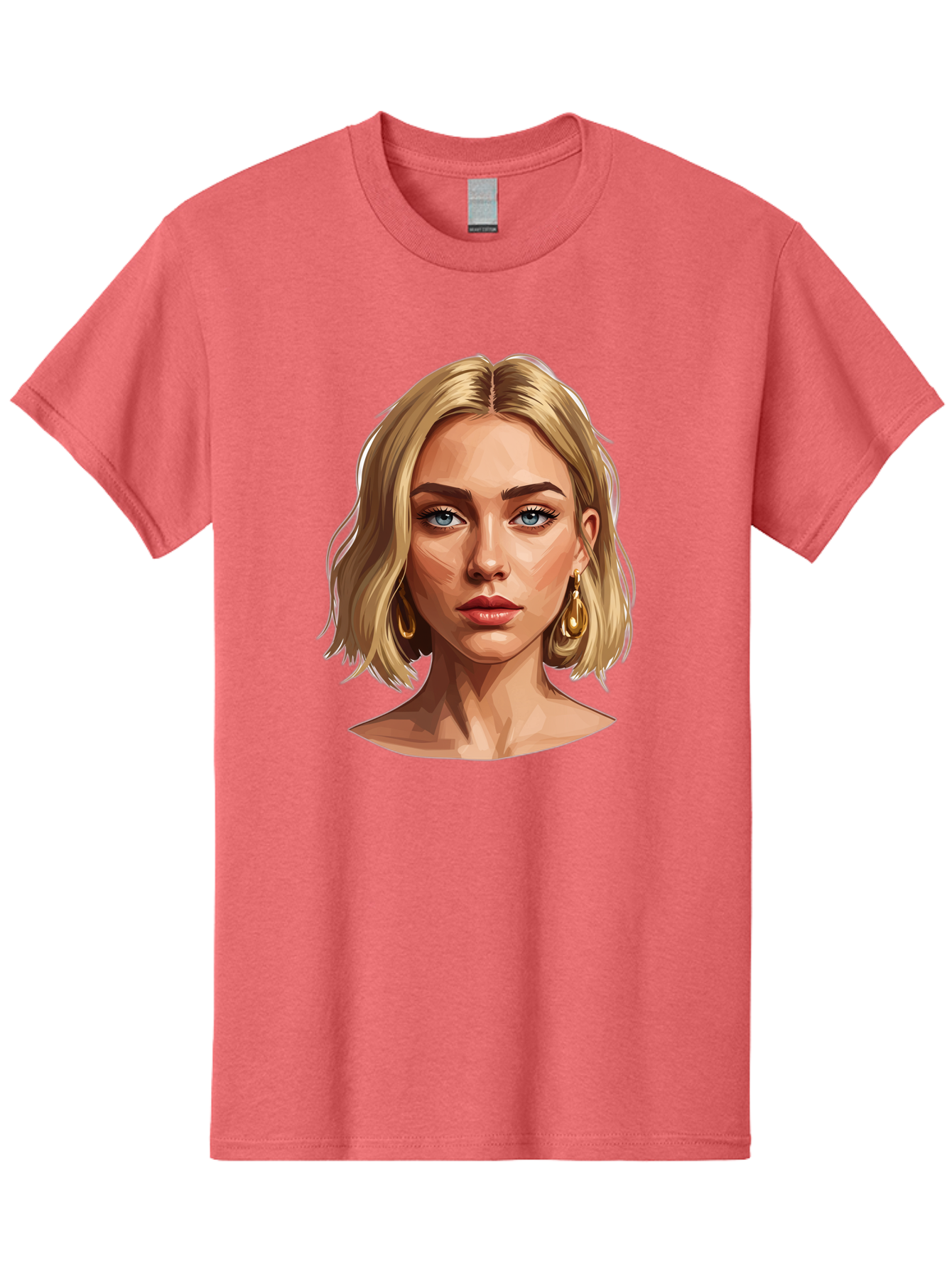 Blonde-Woman-Portrait-2 Men'S Graphic Tee, 100% Cotton, Comfortable Casual Summer Wear, Machine Washable, Blonde Woman, Blue Eyes, Gold Earrings, Digital Illustration, Portrait, Beauty, Fashion, Modern Style, Chic Look Bac639