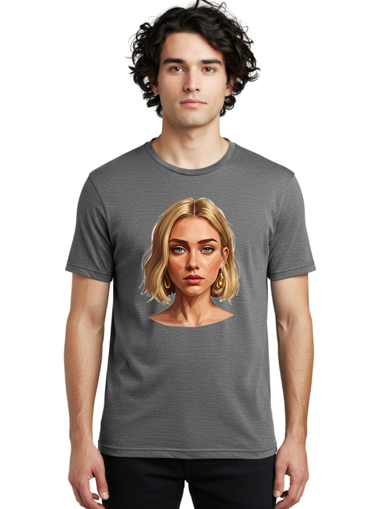 Blonde-Woman-Portrait-2 Men'S Graphic Tee, 100% Cotton, Comfortable Casual Summer Wear, Machine Washable, Blonde Woman, Blue Eyes, Gold Earrings, Digital Illustration, Portrait, Beauty, Fashion, Modern Style, Chic Look Bac639