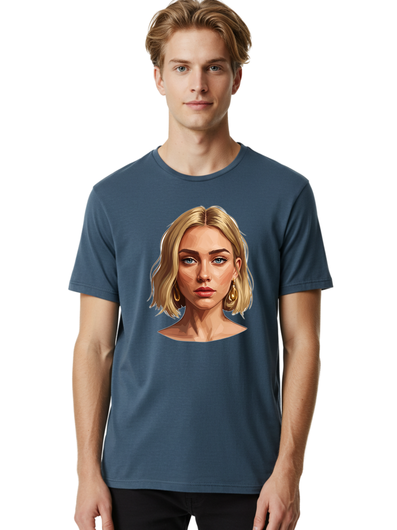 Blonde-Woman-Portrait-2 Men'S Graphic Tee, 100% Cotton, Comfortable Casual Summer Wear, Machine Washable, Blonde Woman, Blue Eyes, Gold Earrings, Digital Illustration, Portrait, Beauty, Fashion, Modern Style, Chic Look Bac639