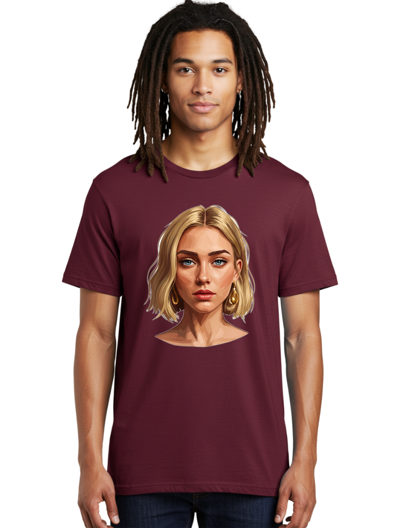 Blonde-Woman-Portrait-2 Men'S Graphic Tee, 100% Cotton, Comfortable Casual Summer Wear, Machine Washable, Blonde Woman, Blue Eyes, Gold Earrings, Digital Illustration, Portrait, Beauty, Fashion, Modern Style, Chic Look Bac639
