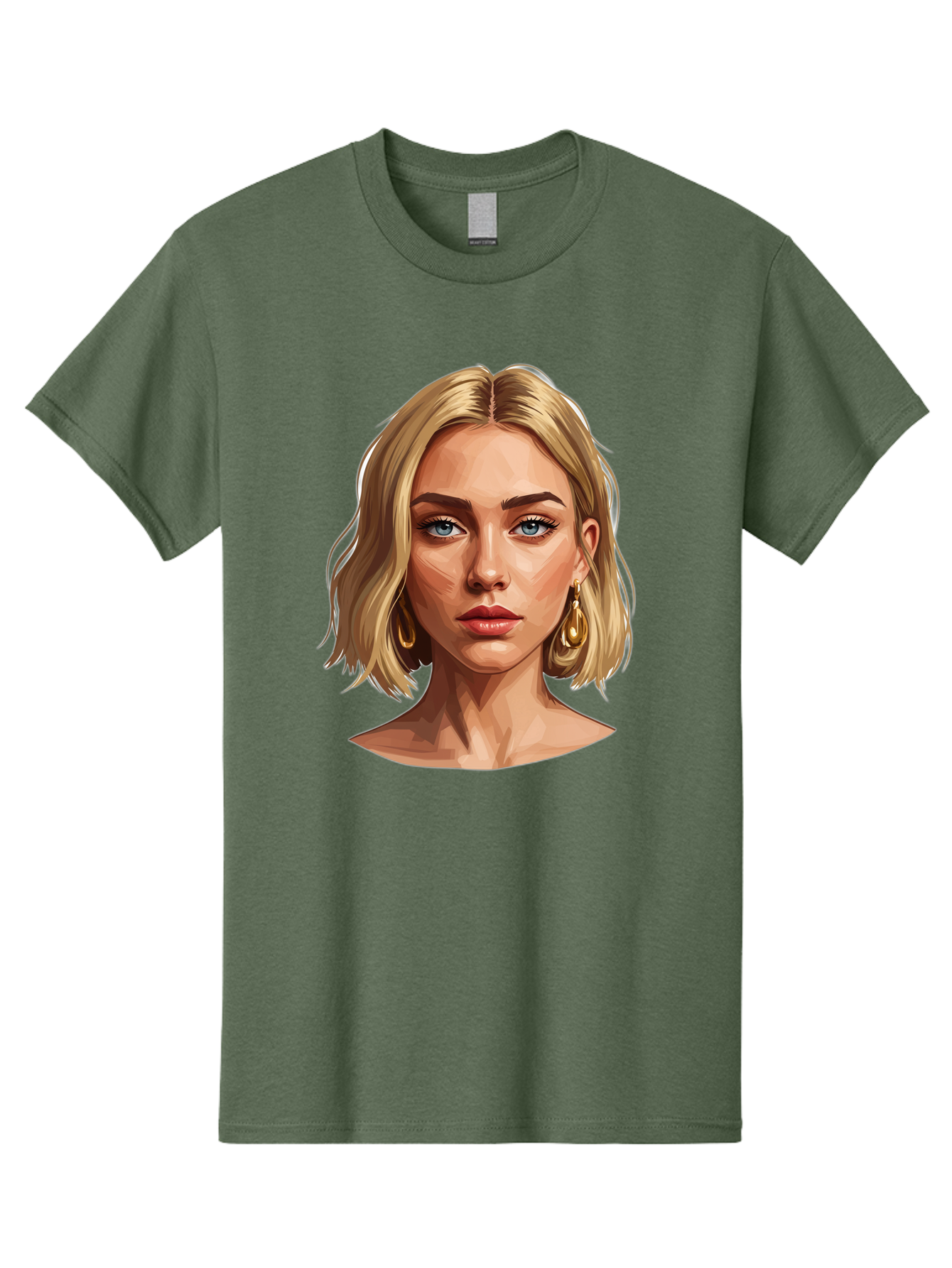 Blonde-Woman-Portrait-2 Men'S Graphic Tee, 100% Cotton, Comfortable Casual Summer Wear, Machine Washable, Blonde Woman, Blue Eyes, Gold Earrings, Digital Illustration, Portrait, Beauty, Fashion, Modern Style, Chic Look Bac639