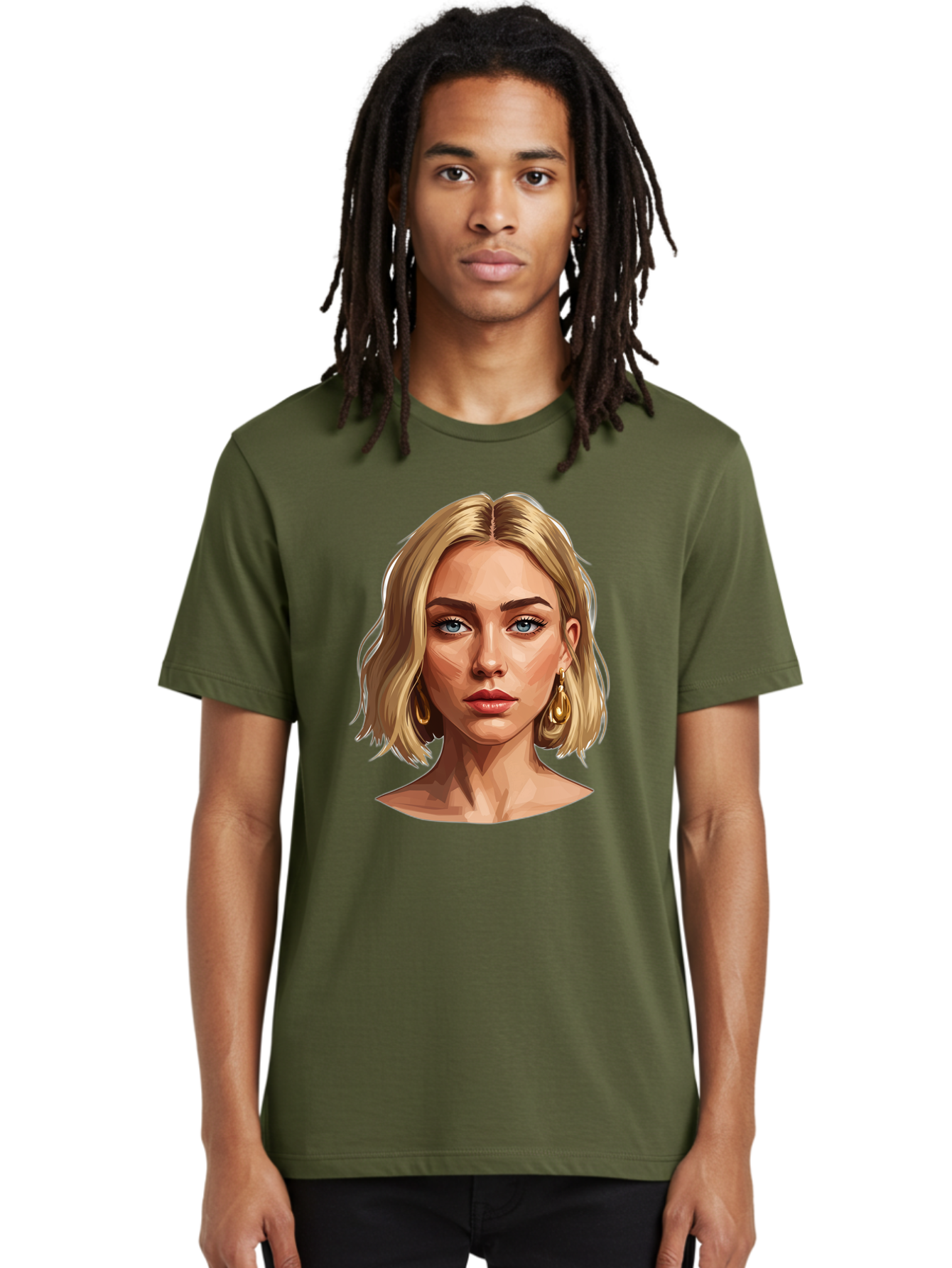 Blonde-Woman-Portrait-2 Men'S Graphic Tee, 100% Cotton, Comfortable Casual Summer Wear, Machine Washable, Blonde Woman, Blue Eyes, Gold Earrings, Digital Illustration, Portrait, Beauty, Fashion, Modern Style, Chic Look Bac639