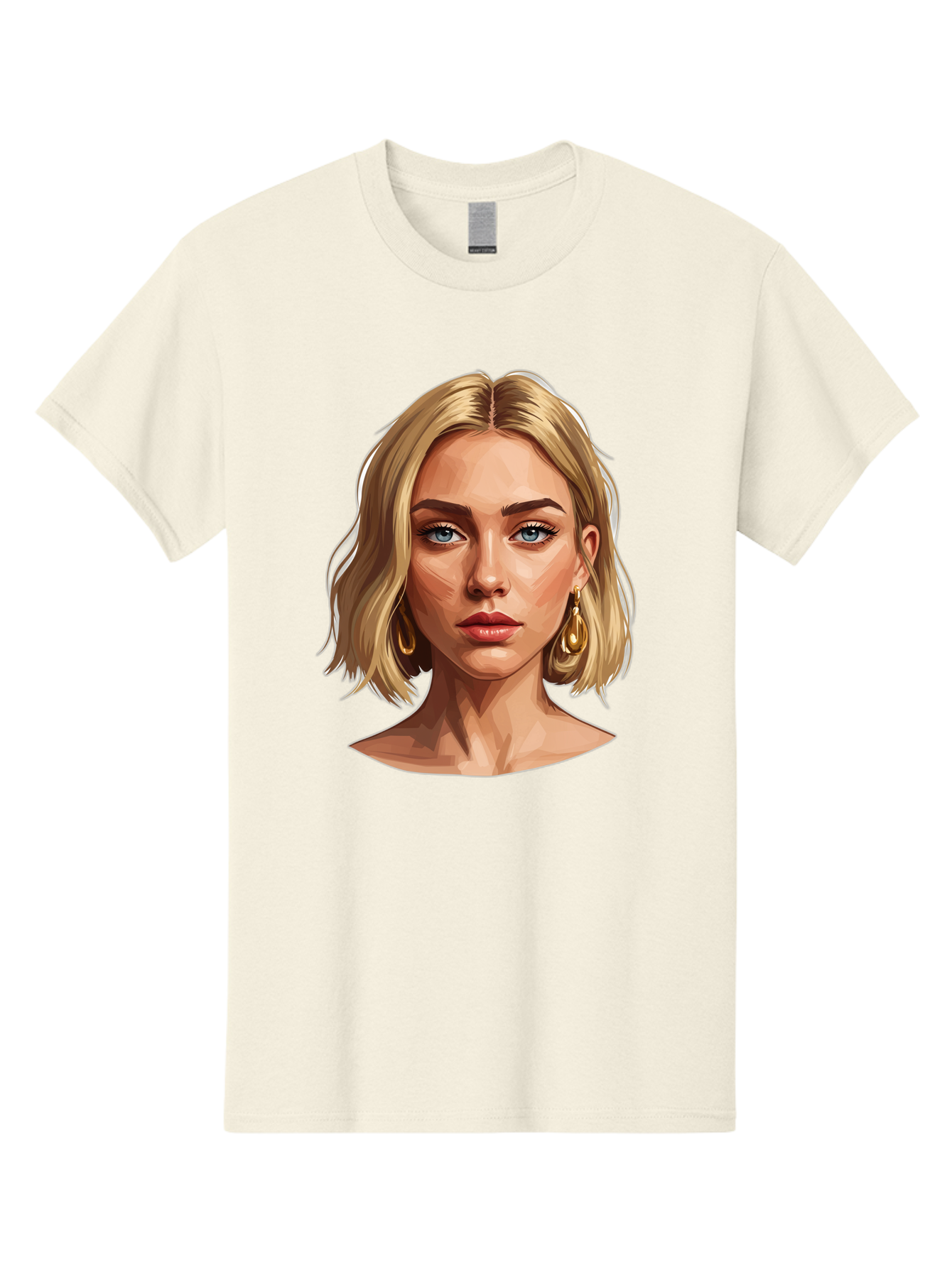 Blonde-Woman-Portrait-2 Men'S Graphic Tee, 100% Cotton, Comfortable Casual Summer Wear, Machine Washable, Blonde Woman, Blue Eyes, Gold Earrings, Digital Illustration, Portrait, Beauty, Fashion, Modern Style, Chic Look Bac639