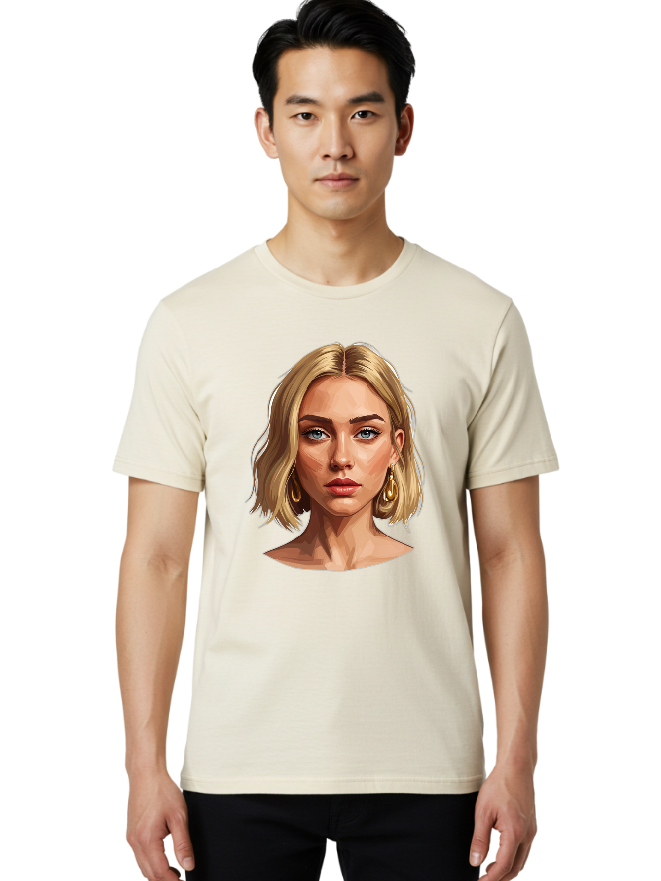 Blonde-Woman-Portrait-2 Men'S Graphic Tee, 100% Cotton, Comfortable Casual Summer Wear, Machine Washable, Blonde Woman, Blue Eyes, Gold Earrings, Digital Illustration, Portrait, Beauty, Fashion, Modern Style, Chic Look Bac639