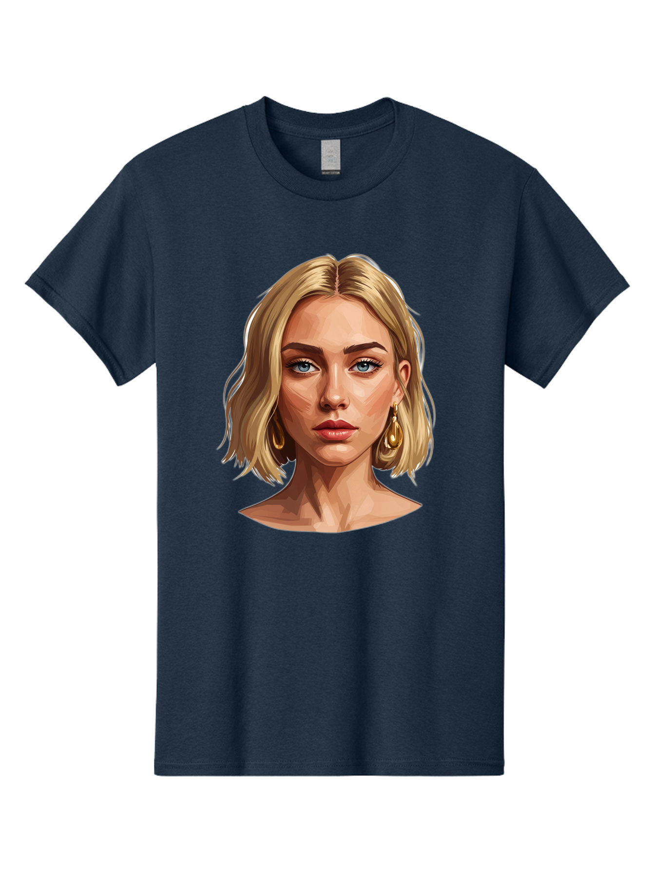 Blonde-Woman-Portrait-2 Men'S Graphic Tee, 100% Cotton, Comfortable Casual Summer Wear, Machine Washable, Blonde Woman, Blue Eyes, Gold Earrings, Digital Illustration, Portrait, Beauty, Fashion, Modern Style, Chic Look Bac639