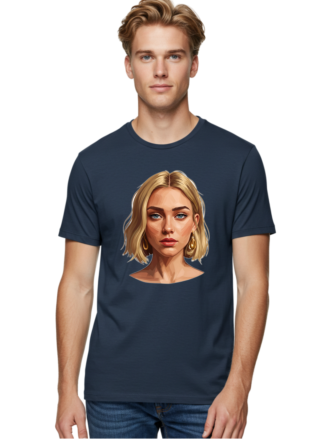 Blonde-Woman-Portrait-2 Men'S Graphic Tee, 100% Cotton, Comfortable Casual Summer Wear, Machine Washable, Blonde Woman, Blue Eyes, Gold Earrings, Digital Illustration, Portrait, Beauty, Fashion, Modern Style, Chic Look Bac639