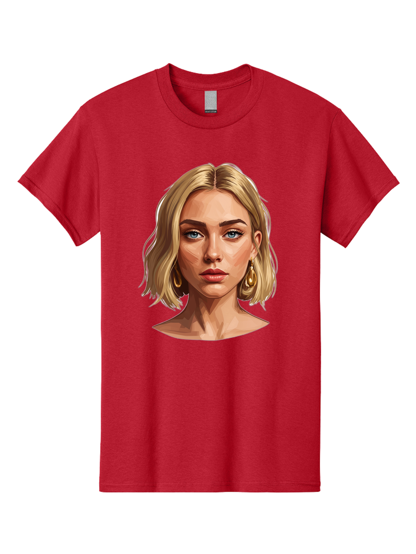 Blonde-Woman-Portrait-2 Men'S Graphic Tee, 100% Cotton, Comfortable Casual Summer Wear, Machine Washable, Blonde Woman, Blue Eyes, Gold Earrings, Digital Illustration, Portrait, Beauty, Fashion, Modern Style, Chic Look Bac639